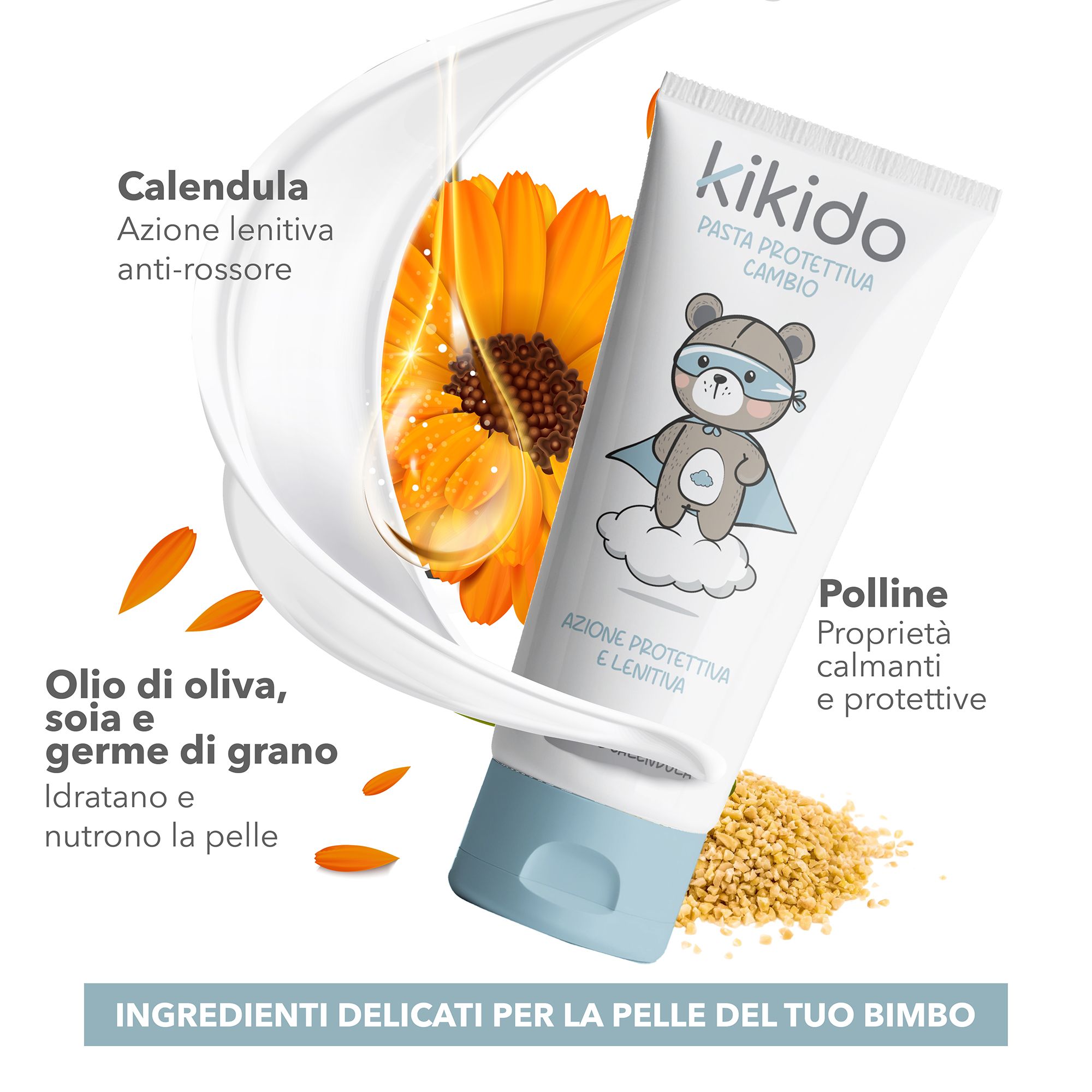 Tubo di prodotto con ingredienti come calendula e polline. Illustrazioni di fiori e oli. Testo: Ingredienti per la pelle delicata.