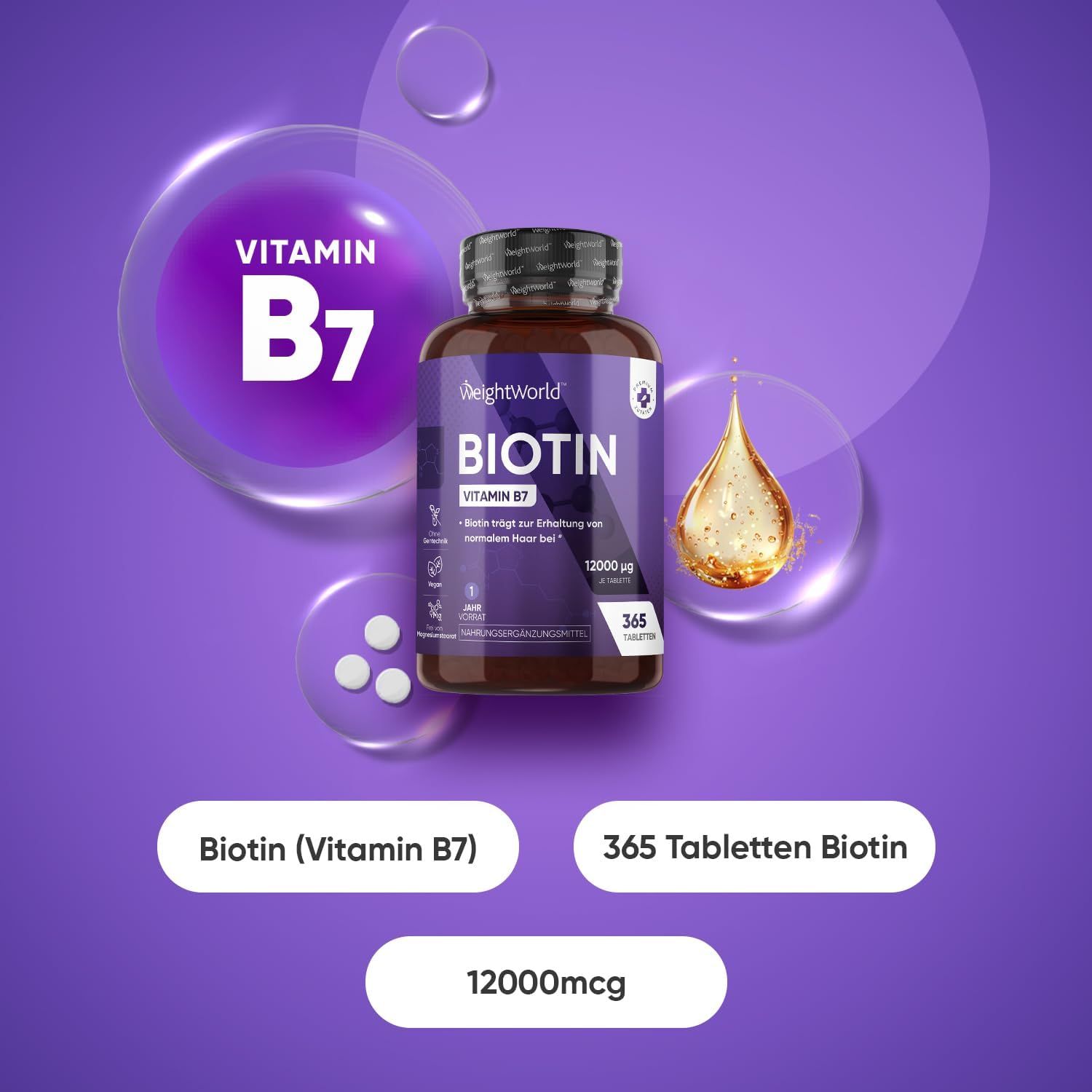 Flacone BIOTINA, circondato da bolle. Testo: Vitamina B7, 365 compresse di biotina, 12000mcg.