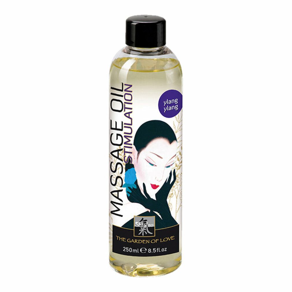 Flacone di olio per massaggio con tappo nero. Scritta: Massage Oil Stimulation, illustrazione di donna, Ylang Ylang, The Garden of Love.
