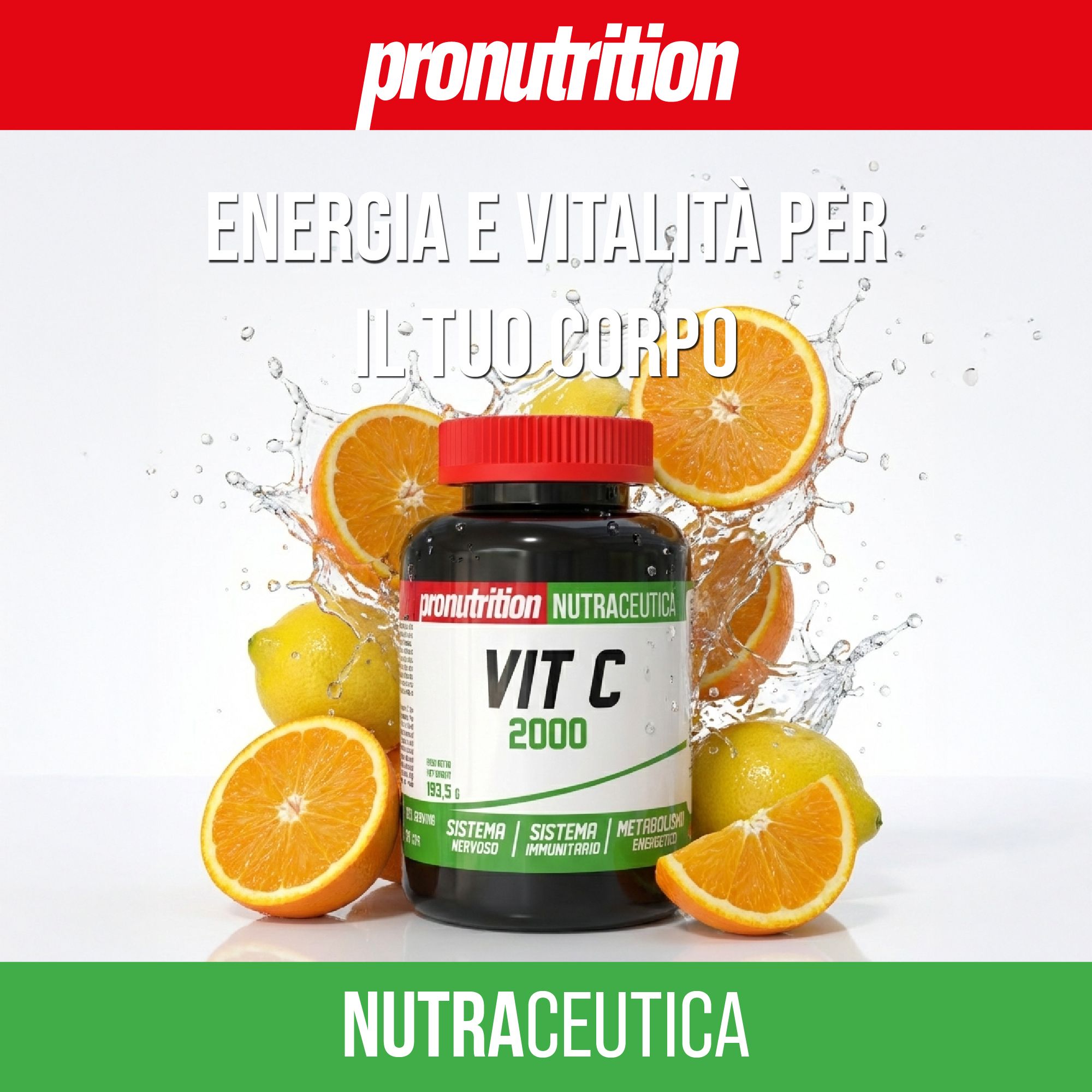Flacone marrone con tappo rosso. Scritta: Vit C 2000. Arance e limoni circondano il flacone.