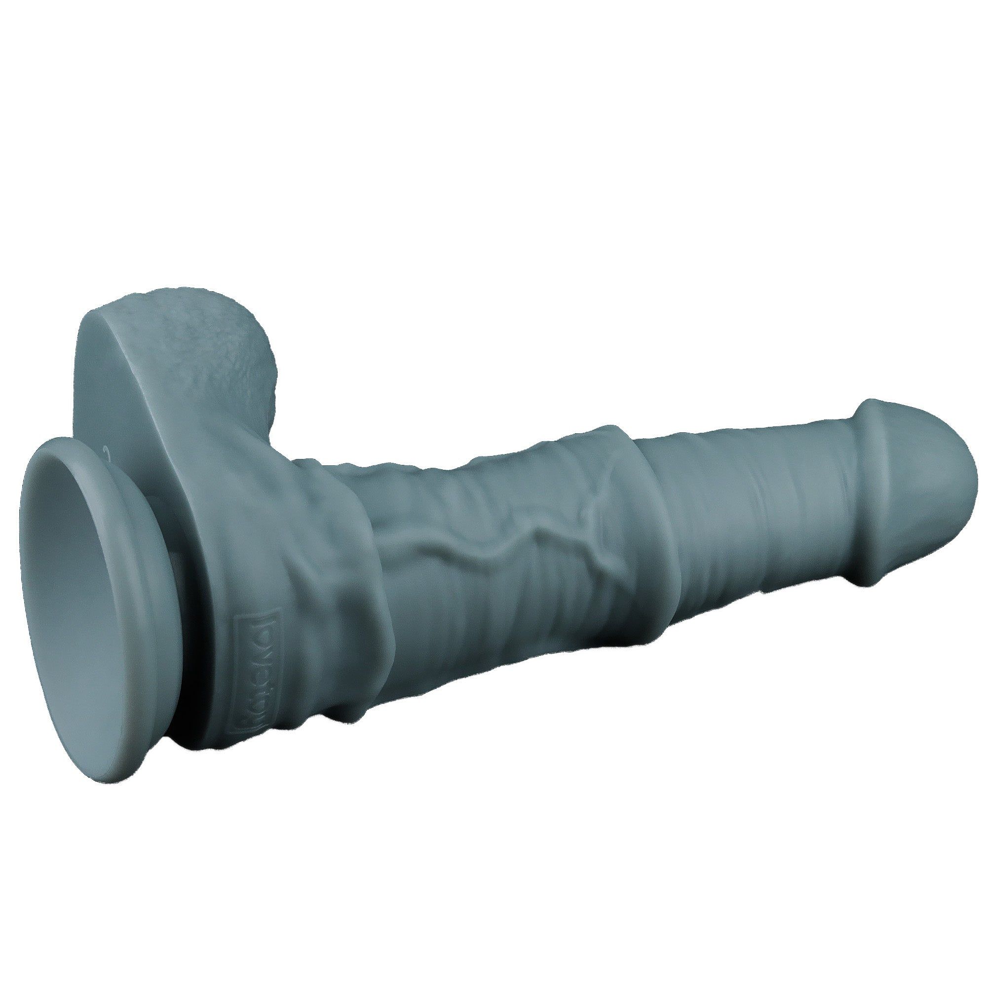 Dildo grigio, superficie strutturata, base. Forma dettagliata. 'Lovetoy' visibile.