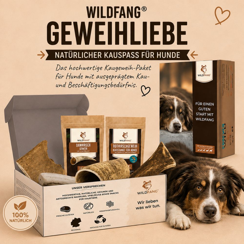 Pacchetto Wildfang "Geweihliebe": divertimento naturale da masticare per cani con pezzi di corno e palchi.