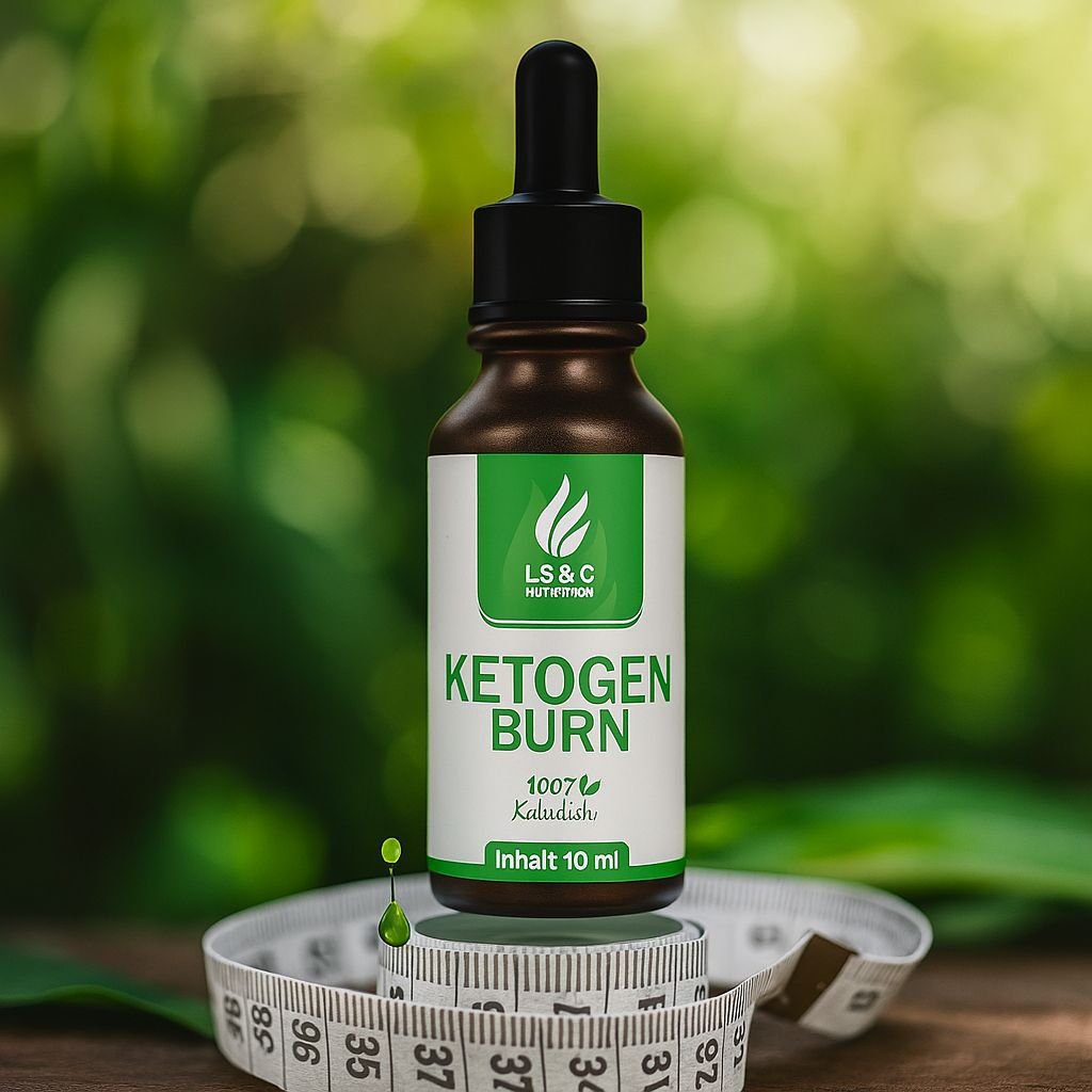 Flacone marrone con contagocce nero, su metro a nastro. Etichetta con "LS & C Nutrition", "KETOGEN BURN", "Inhalt 10 ml". Sfondo verde.