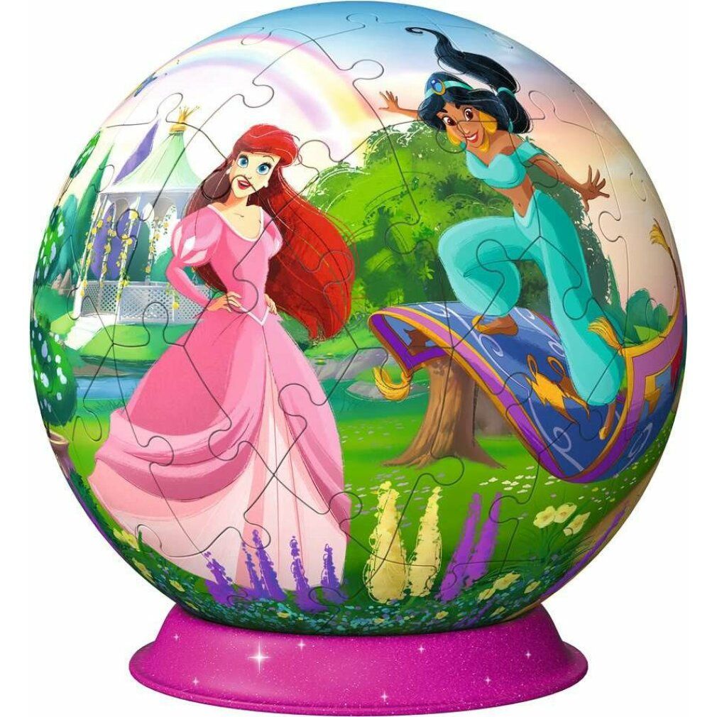 Puzzle 3D-Ball Disney Princess. Puzzle sferico con Ariel e Jasmine. Base rosa. Pezzi con motivi di principesse.