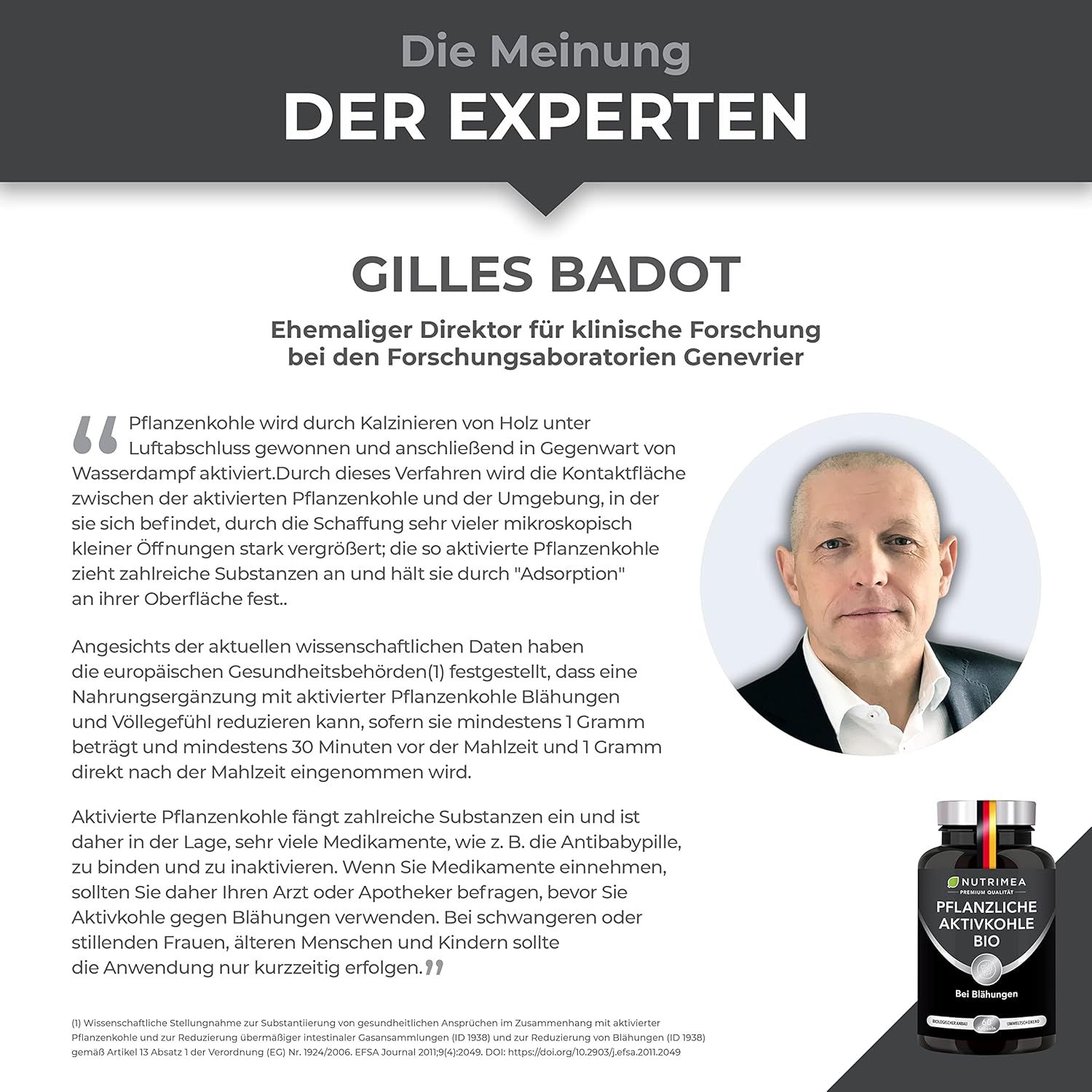 Parere esperto di Gilles Badot. Prodotto a base di carbone attivo con flacone sullo sfondo. Testo sul carbone attivo e il suo utilizzo.