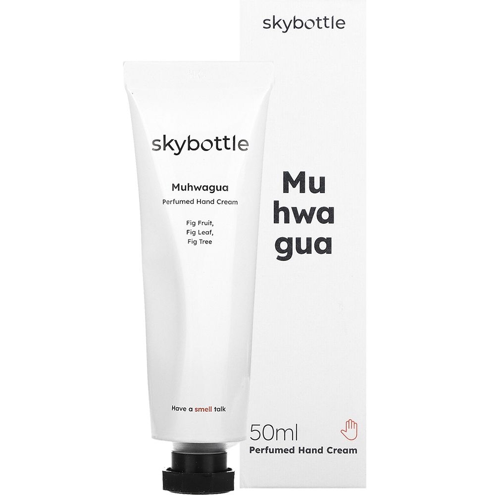 Tubo e scatola bianchi. Scritta: skybottle, Muhwagua, Crema mani profumata, 50ml. Chiusura nera.