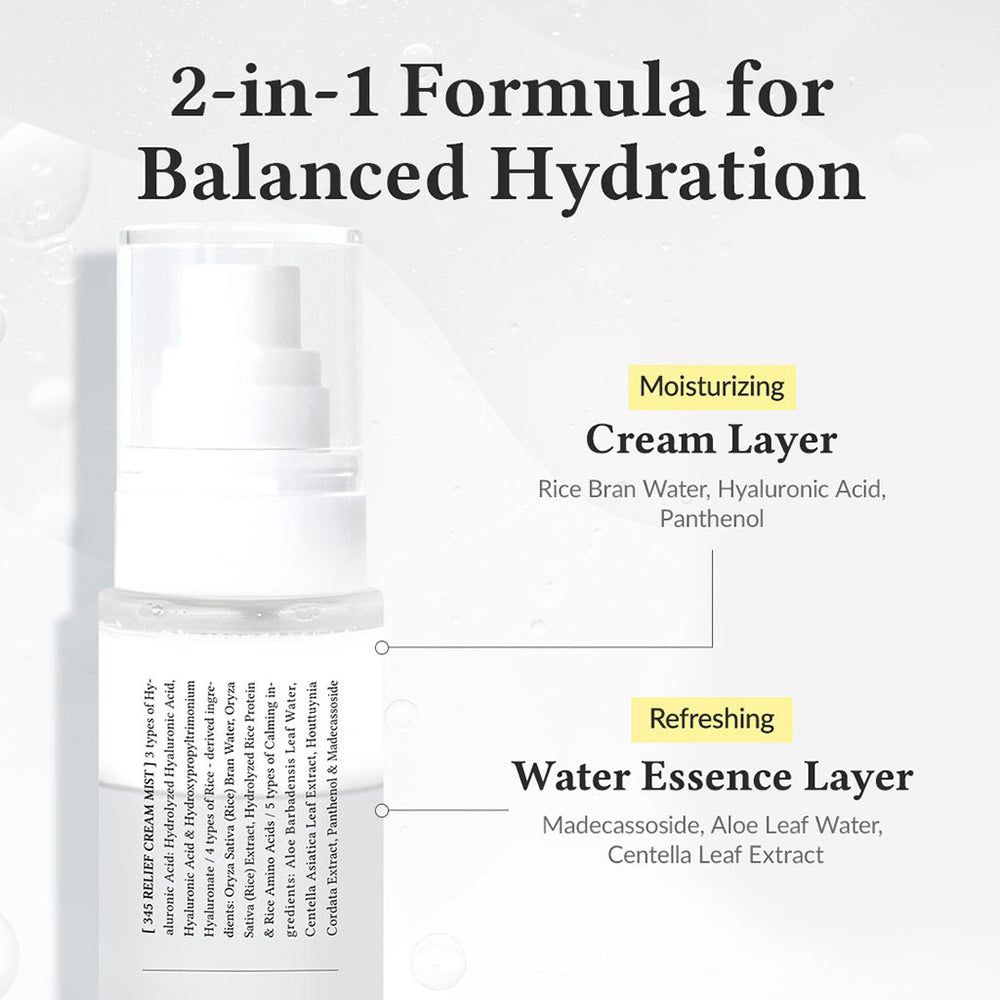 Dr. Althea 345 Relief Cream Mist con descrizione dettagliata degli strati idratante e rinfrescante.