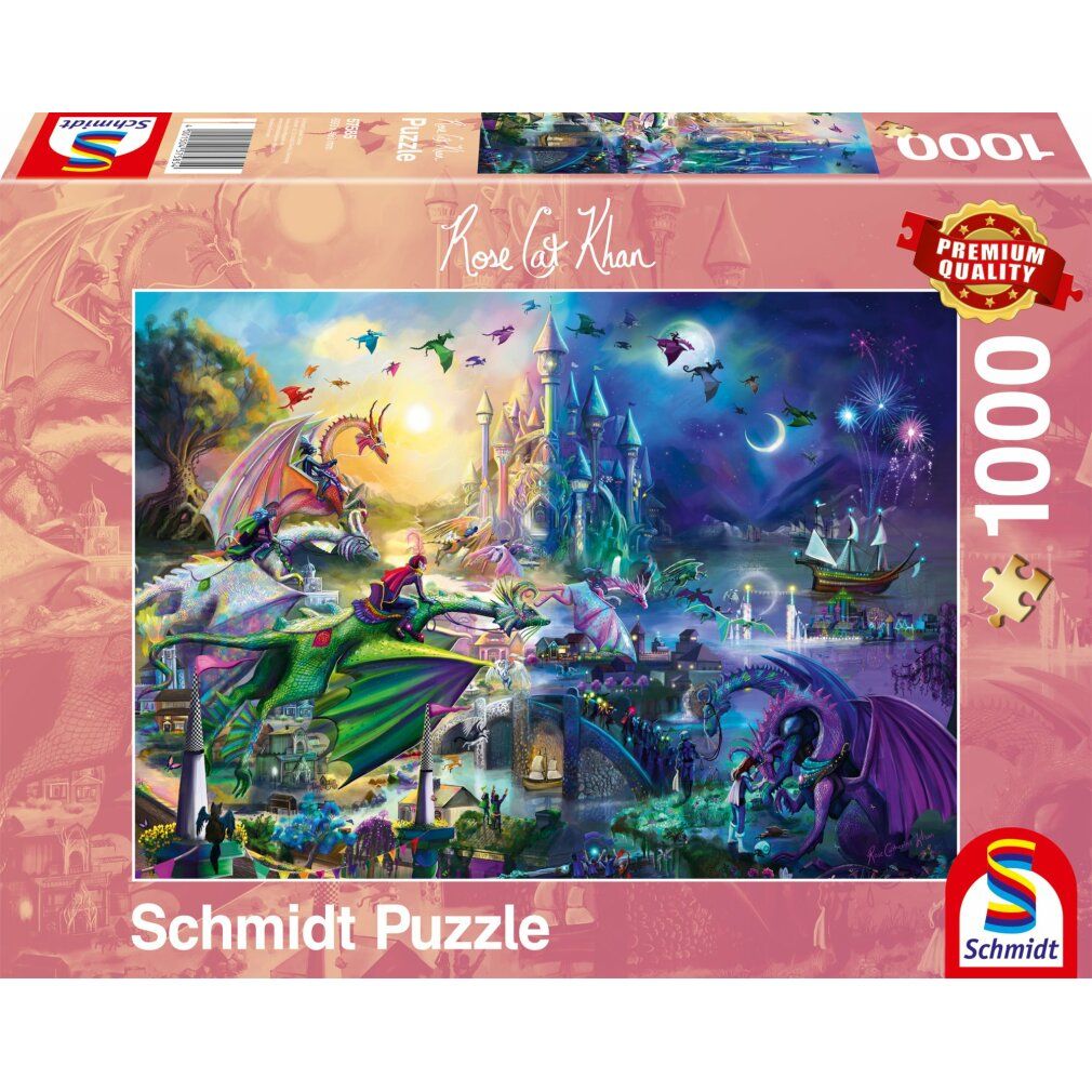 Scatola puzzle con motivo draghi. Scritte: "Rose & Khan", "1000" e "Premium Quality". Logo Schmidt Puzzle.