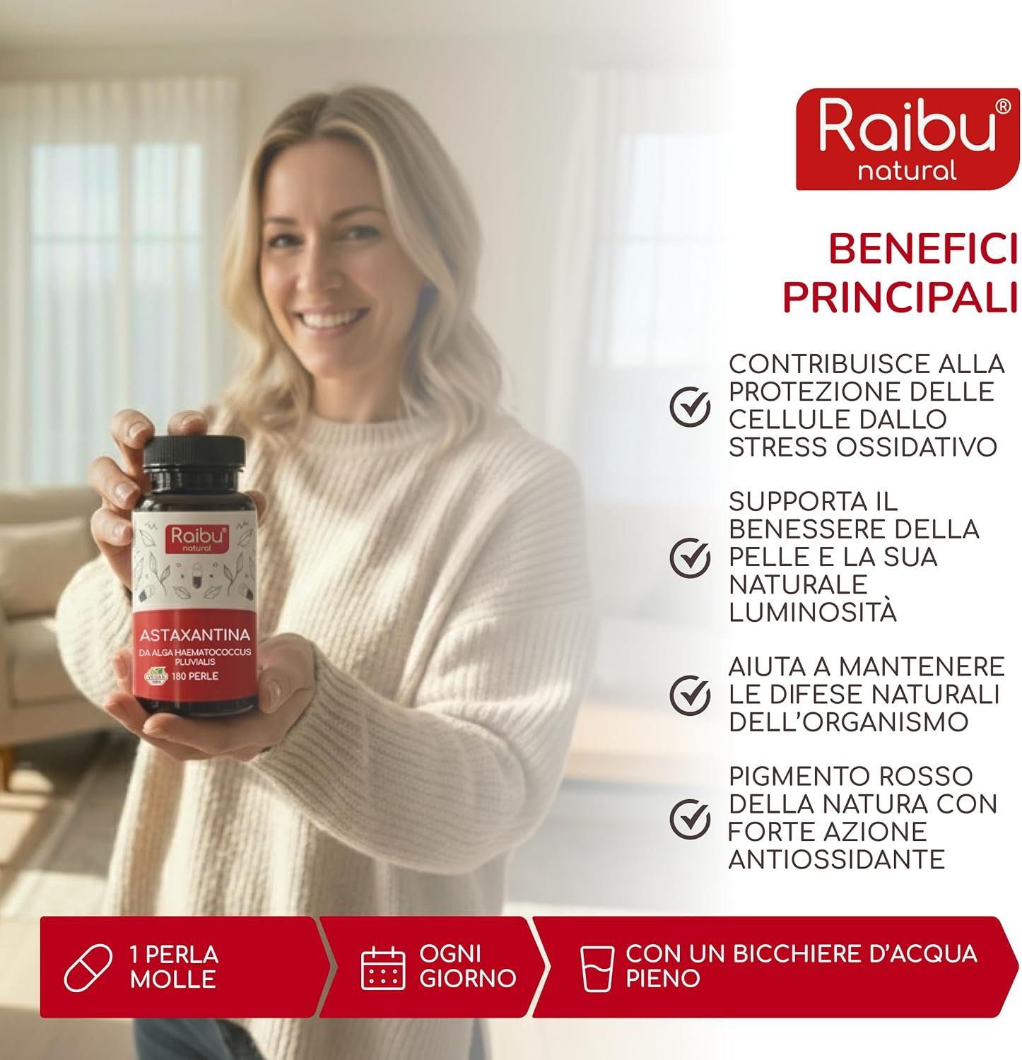 Donna tiene flacone di Astaxantina. Testo: Benefici. 1 softgel al giorno. Con acqua.
