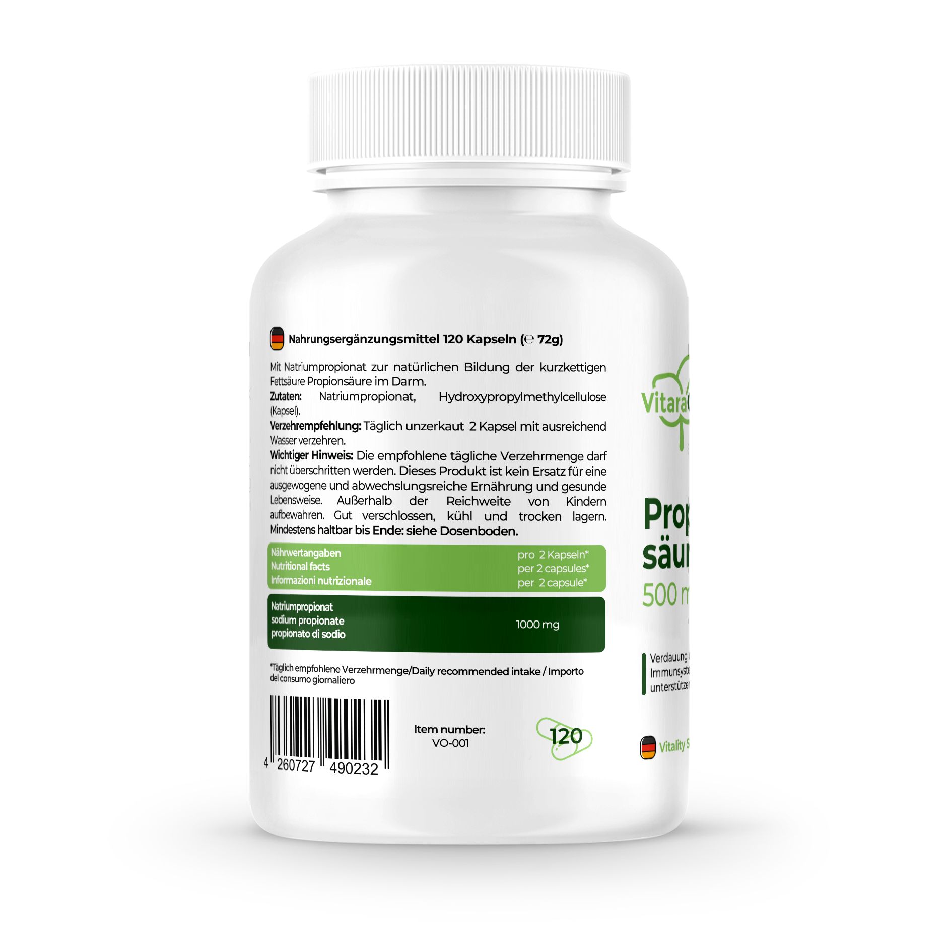 Retro di flacone bianco. Etichetta con testo: Integratore alimentare, 120 capsule. Ingredienti, raccomandazioni, da consumare preferibilmente entro.
