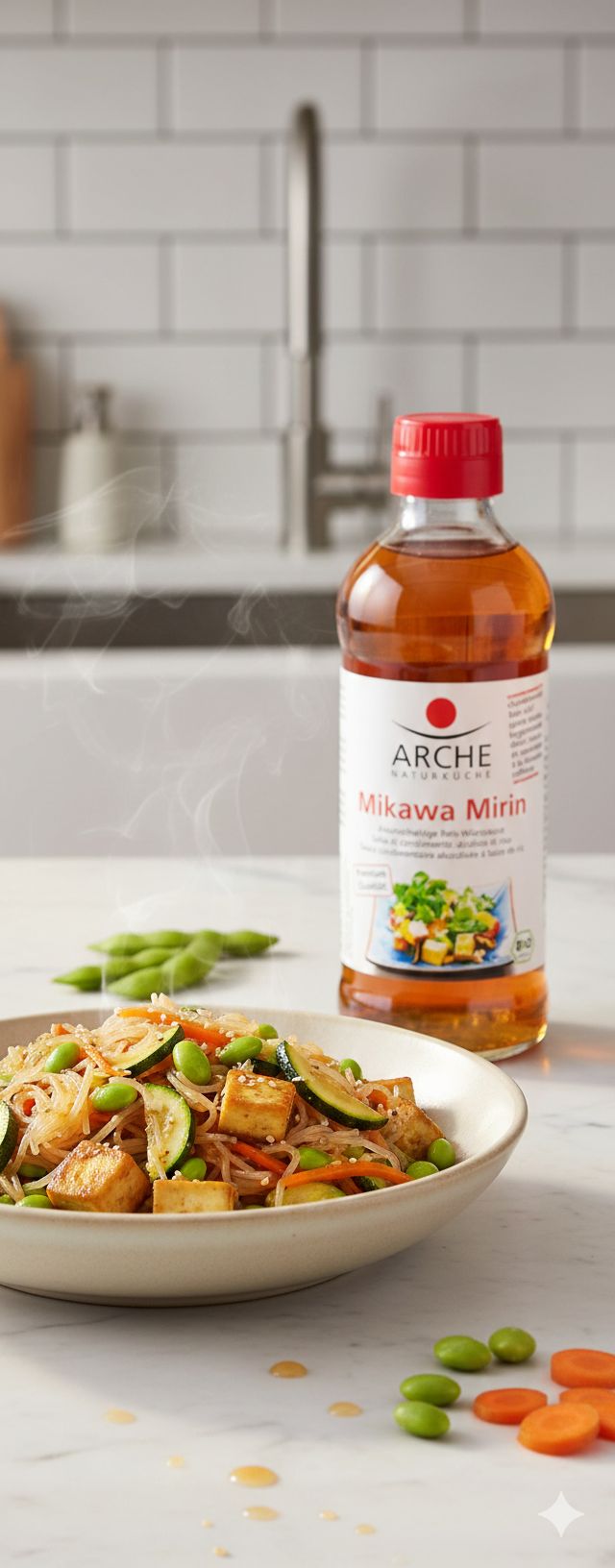 Salsa di condimento al riso Arche Mikawa Mirin accanto a una ciotola di noodles con verdure e tofu in una cucina.