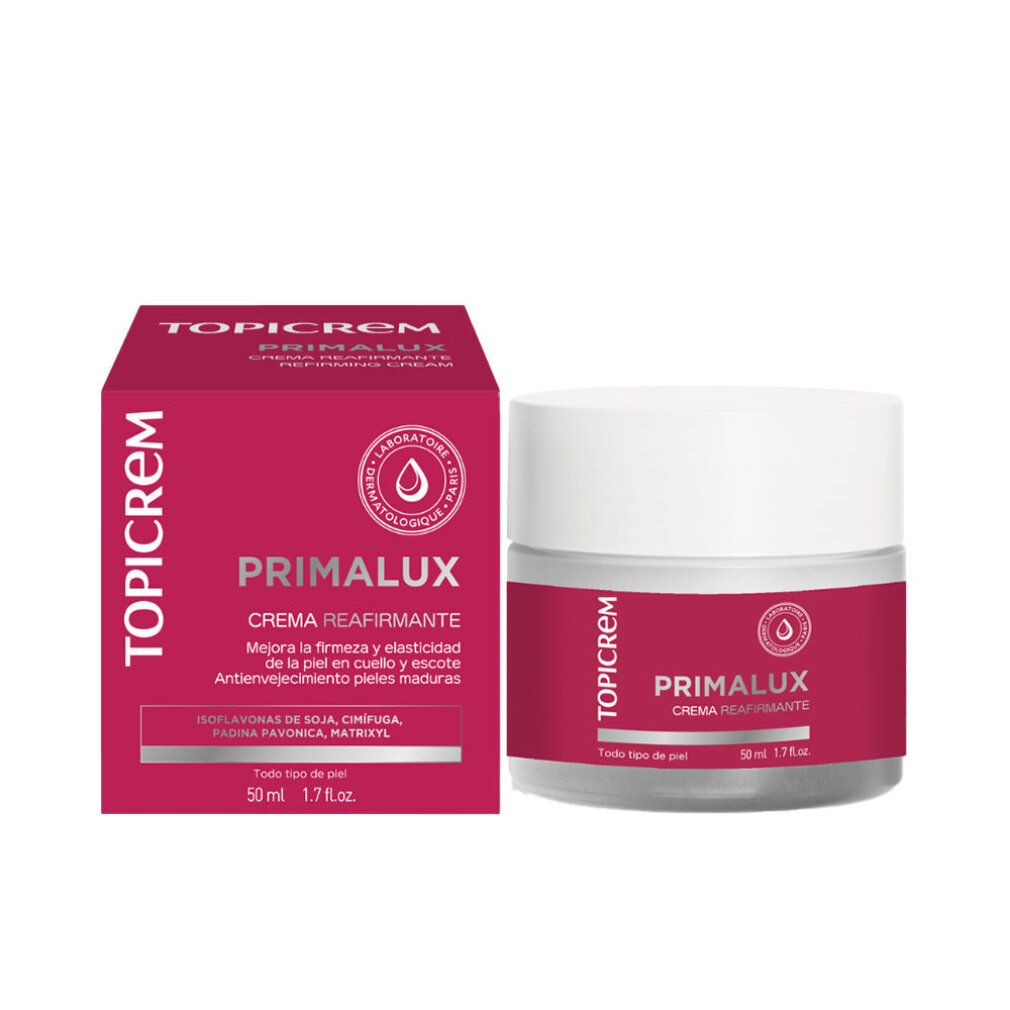 Vaso di crema e scatola. Scritta TOPICREM e PRIMALUX. Testo: Crema Reafirmante. 50 ml.