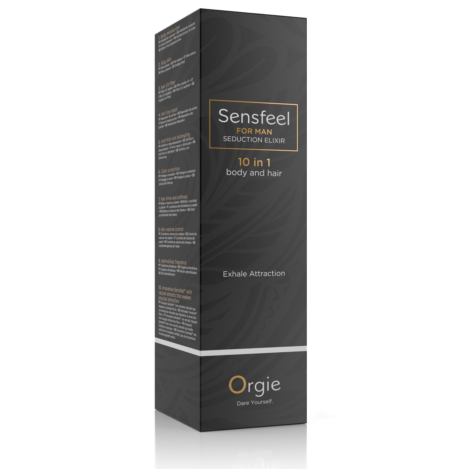 Confezione nera. Scritta: Sensfeel for Man, 10 in 1 body and hair. Marchio: Orgie.