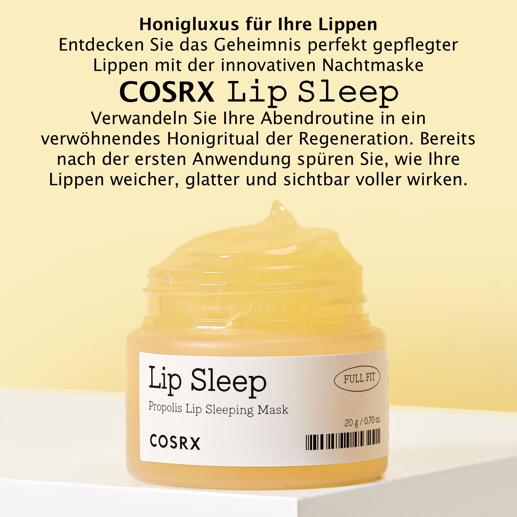 Vasetto di COSRX Lip Sleep Propolis Sleeping Mask. Crema gialla. Testo con nome e marchio. Sfondo con testo.