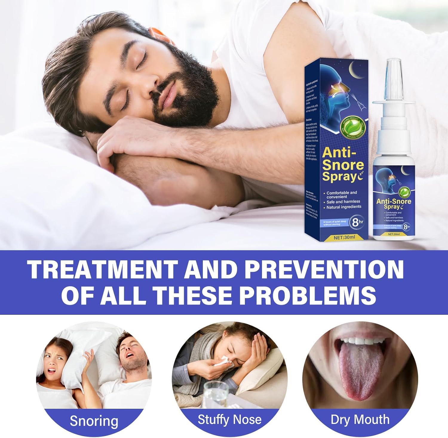 Uomo che dorme, spray nasale e confezione. Scritta: Anti-Snore Spray. Immagini di russamento, naso chiuso, bocca secca.