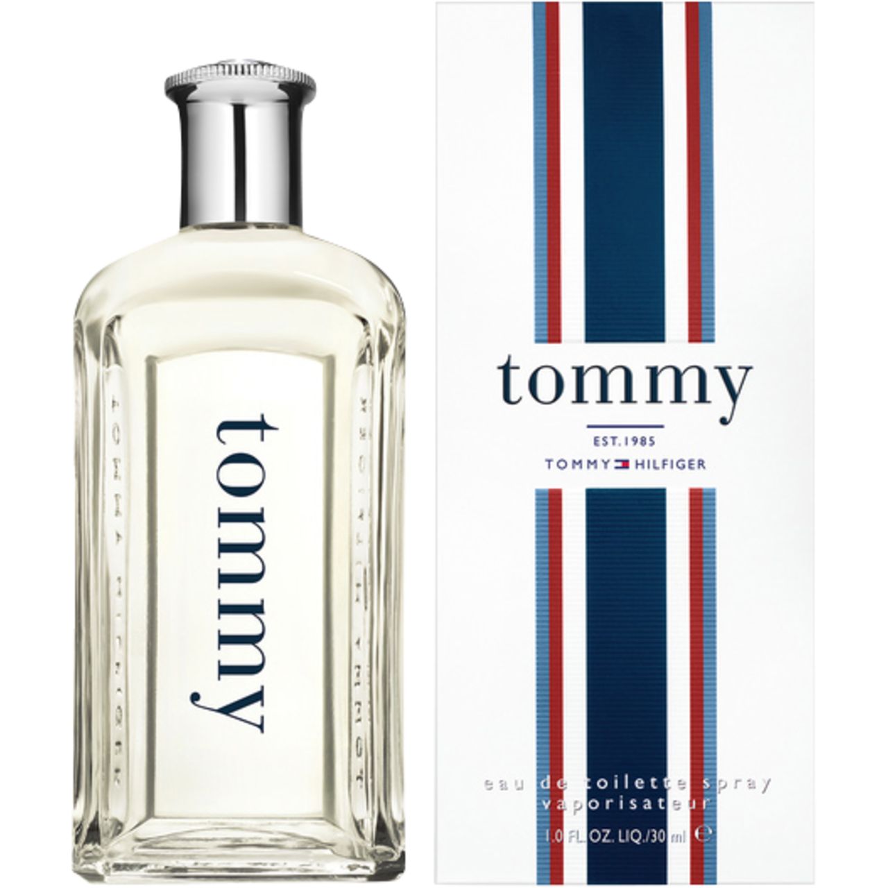Flacone e confezione Eau de Toilette. Flacone con scritta blu "tommy". Confezione con strisce blu e rosse e scritta "tommy".