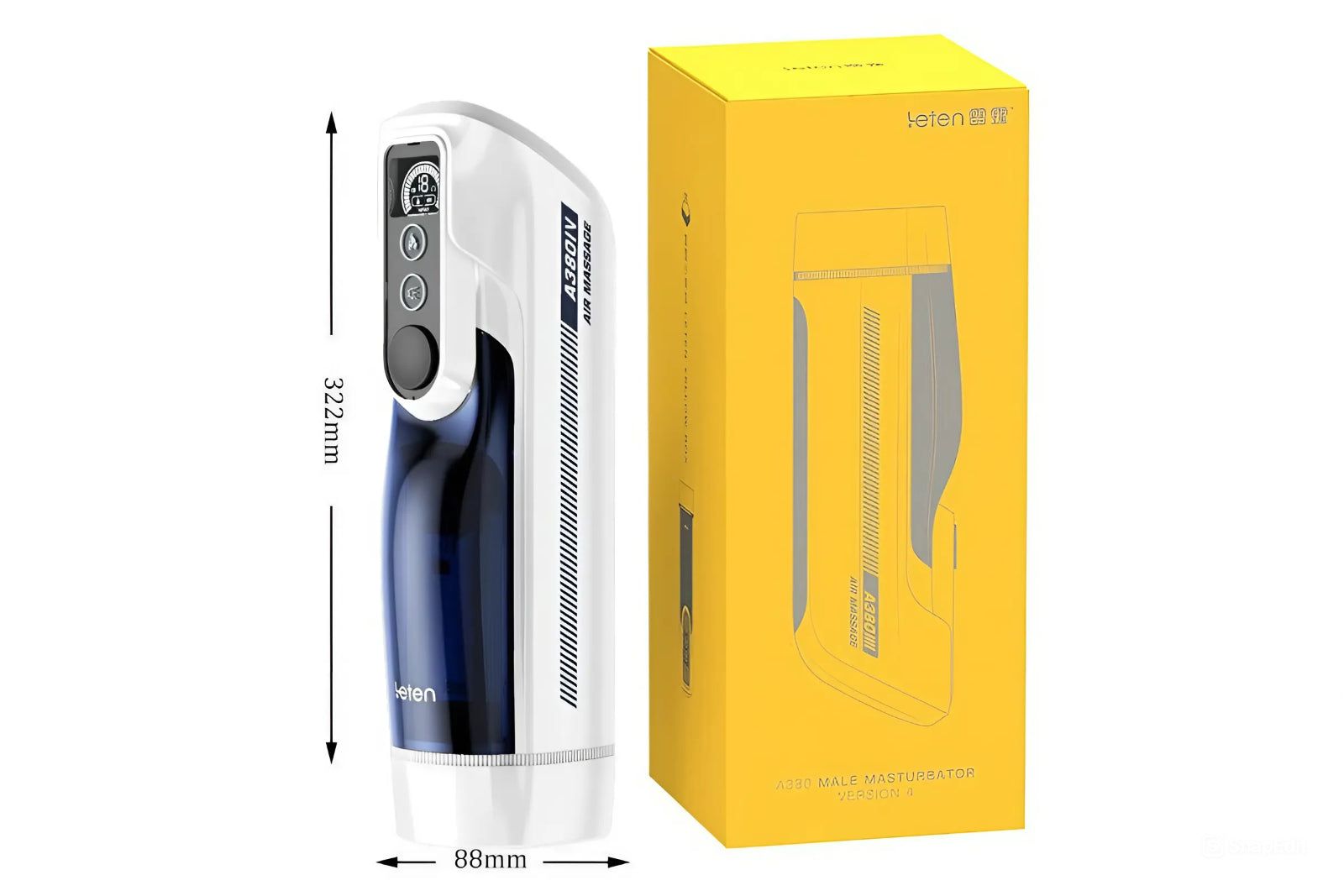 Dispositivo bianco e blu accanto a confezione gialla. Dimensioni in mm: 322x88. Scritta: leten.