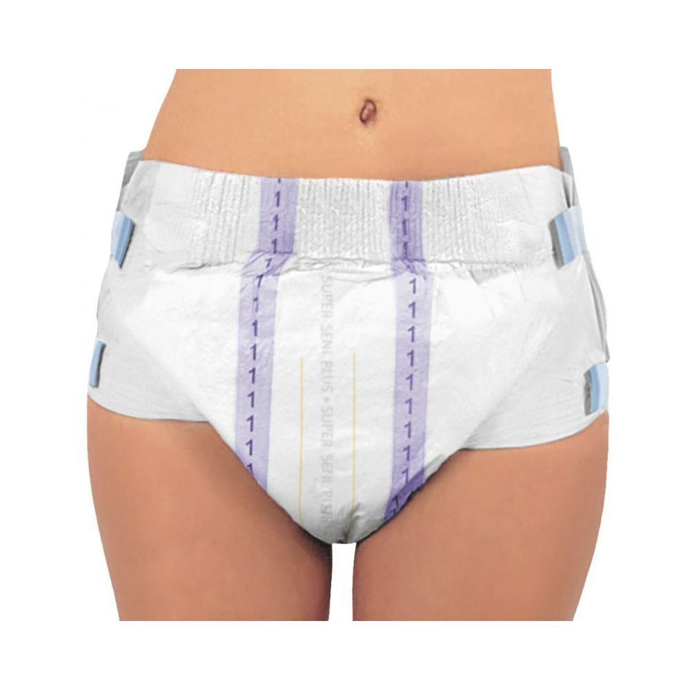 Slip per incontinenza bianco con chiusure blu. Strisce e numeri viola. Nome del prodotto visibile.