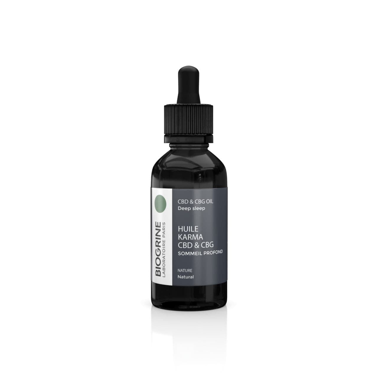 Flacone di vetro scuro con pipetta. Etichetta con testo: CBD & CBG Öl, BIOGRINE, KARMA, Sommeil profond. Cerchio verde.