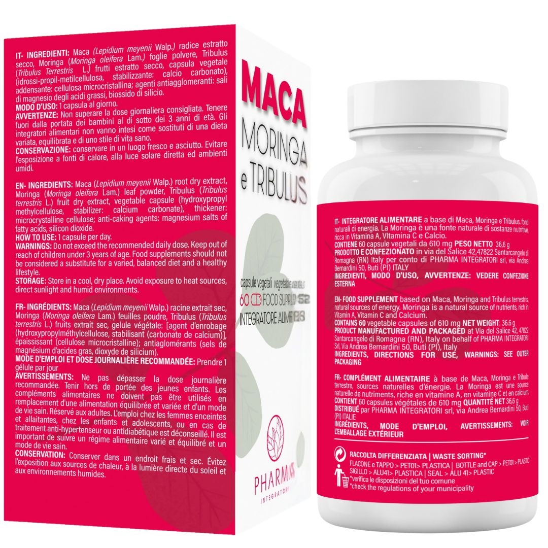 Integratore alimentare in flacone e scatola bianchi. Scritta: Maca, Moringa, Tribulus. Logo Pharma Integratori. Testo multilingue.