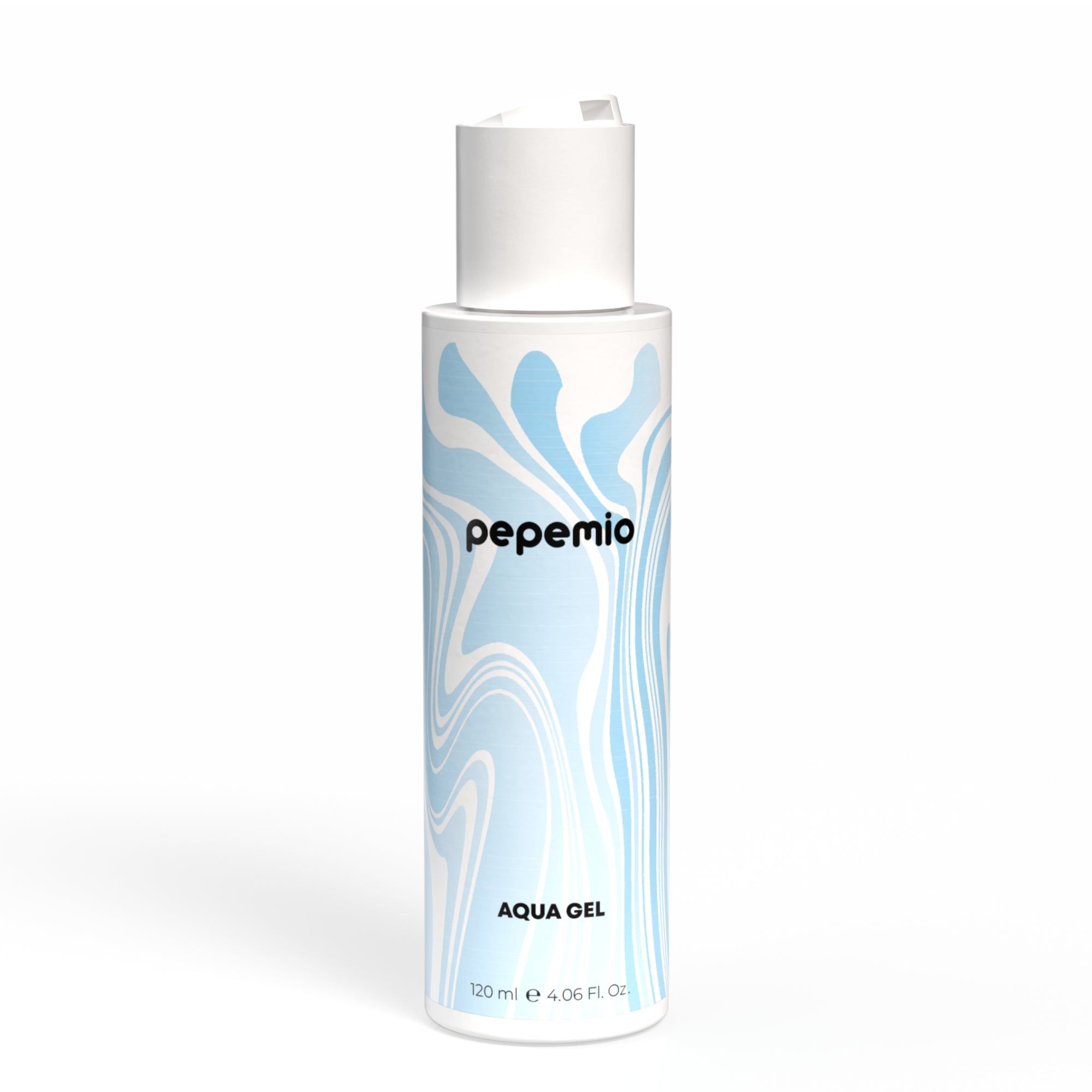 Flacone bianco con motivo a onde blu. Scritta "pepemio" e "AQUA GEL". Flacone su sfondo bianco.