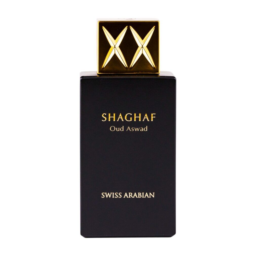Flacone di profumo nero con tappo dorato testurizzato. Testo: SHAGHAF OUD ASWAD.