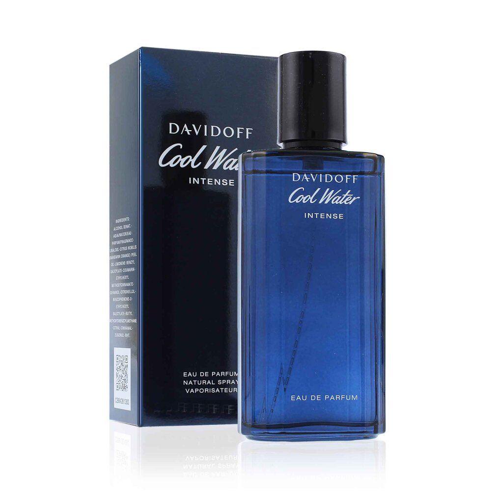 Davidoff Cool Water Intense Eau de Parfum Spray e confezione. Flacone e scatola blu. Nome del prodotto e dettagli visibili.