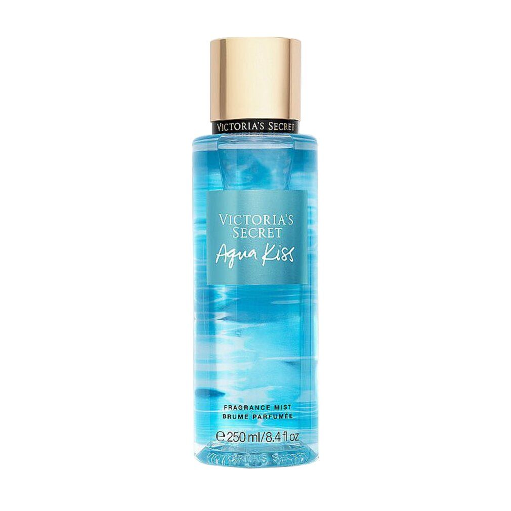 Nebbia corpo Victoria's Secret Aqua Kiss. Flacone con liquido blu, tappo dorato. Scritta Aqua Kiss e 250 ml.