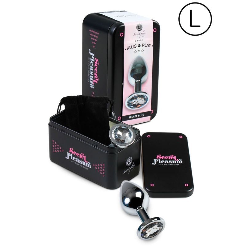 Confezione prodotto con plug anale. Scatola nera con immagine e testo. Taglia L.