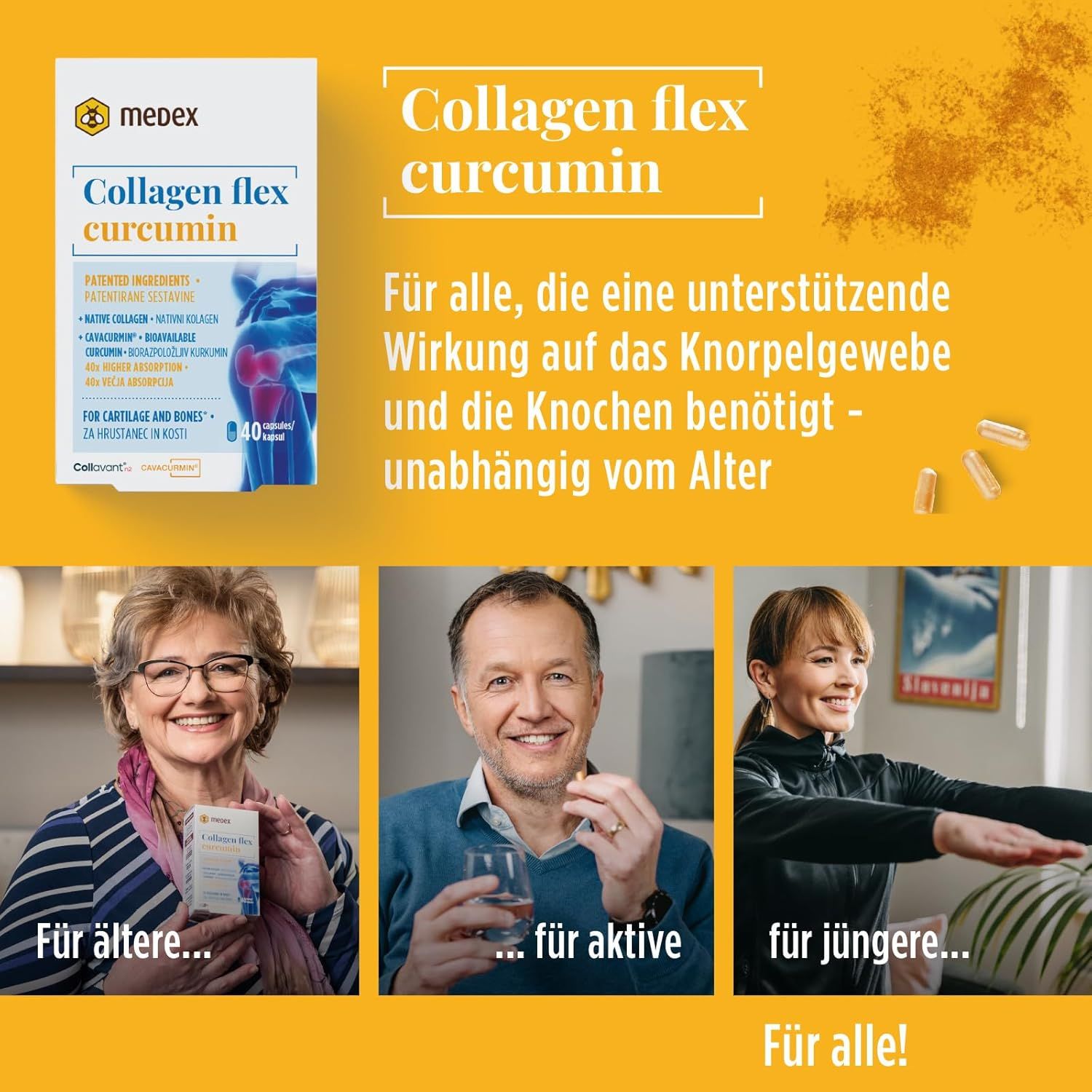 Confezione di Medex Collagen Flex Curcumin. Contiene capsule. Sfondo giallo con persone di età diverse.