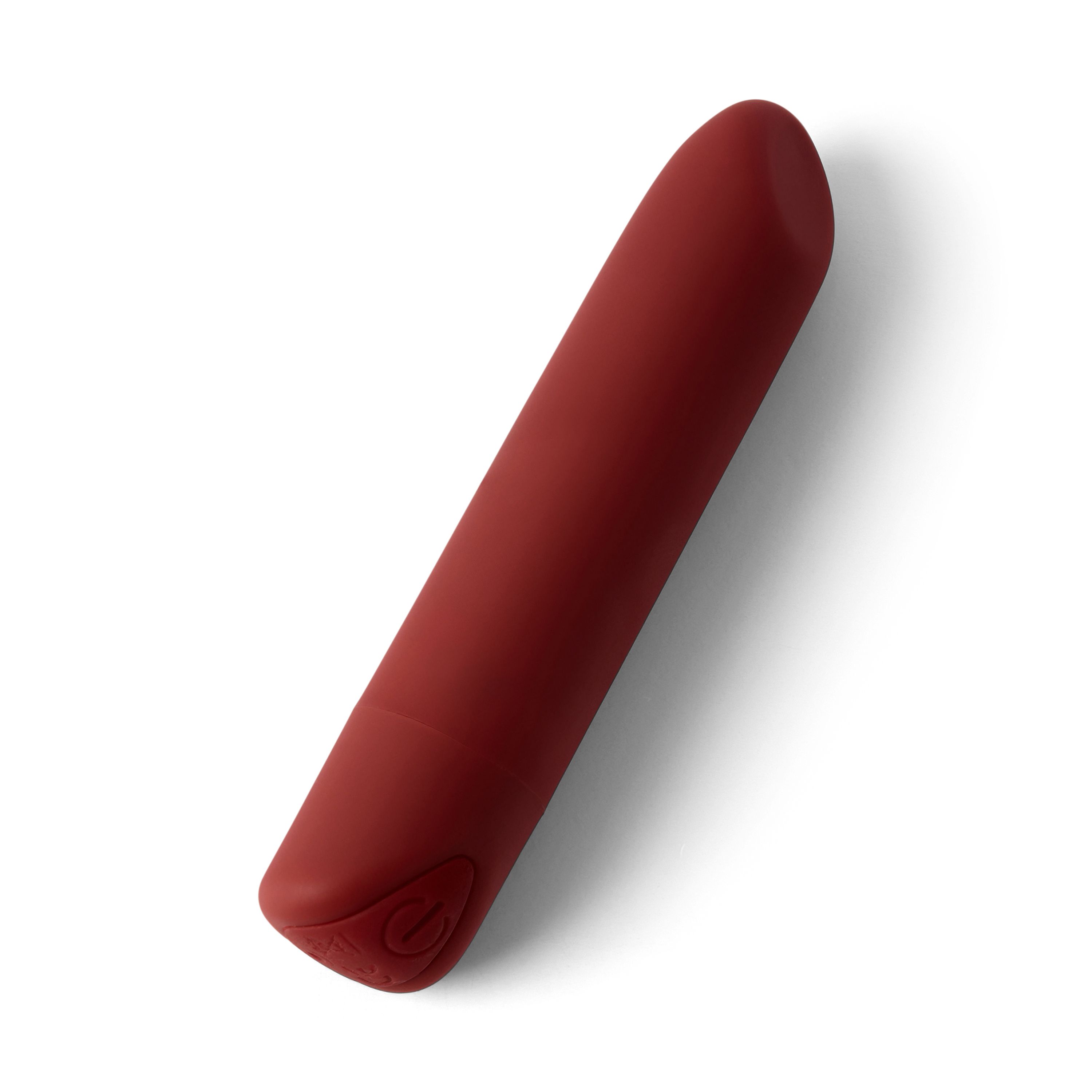 Oggetto allungato rosso, estremità arrotondate. Pannello di controllo con simbolo a un'estremità. Su sfondo bianco.