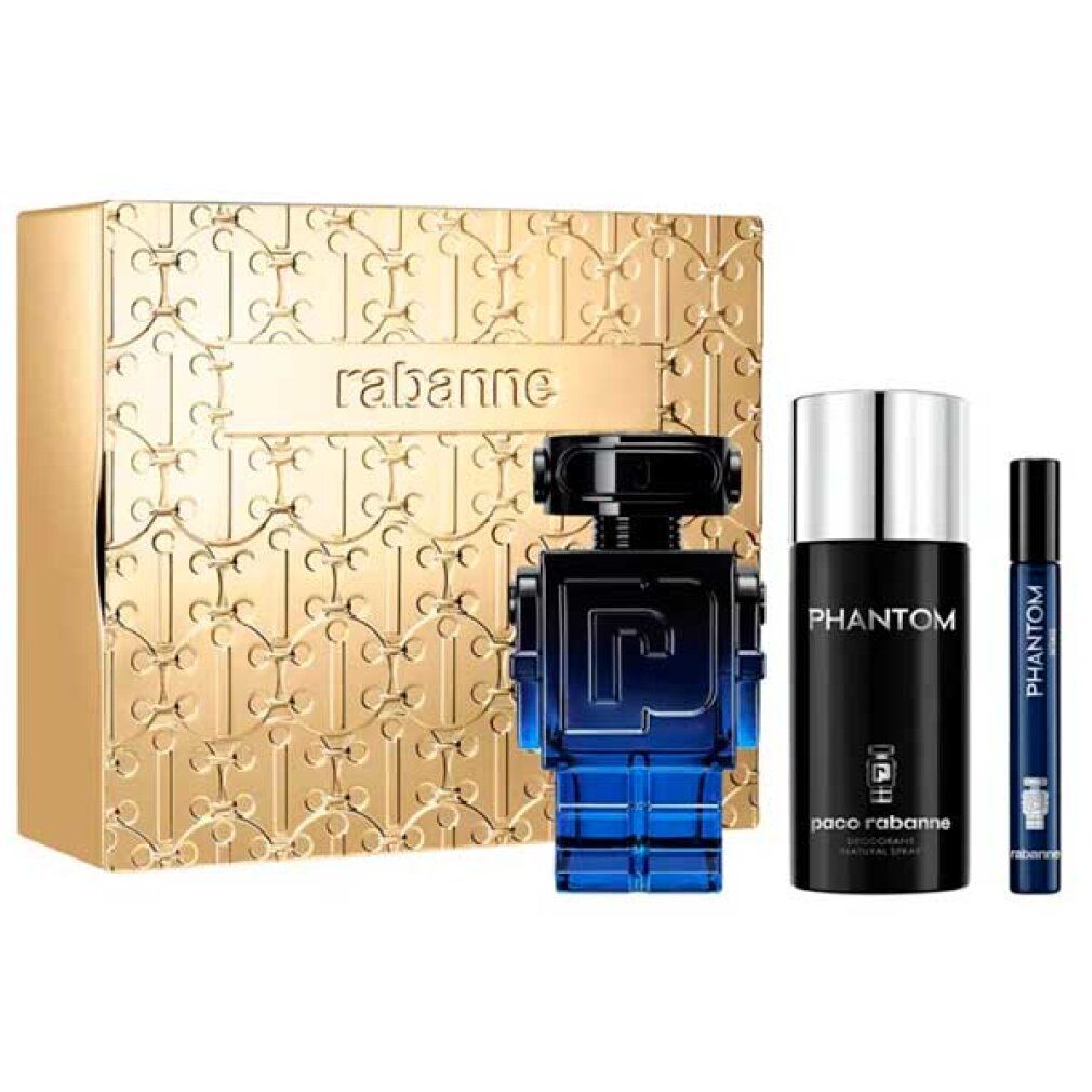 Cofanetto regalo con scatola dorata, flacone, deodorante e roll-on. Flacone a forma di robot, blu. Deodorante e roll-on con scritta "Phantom".