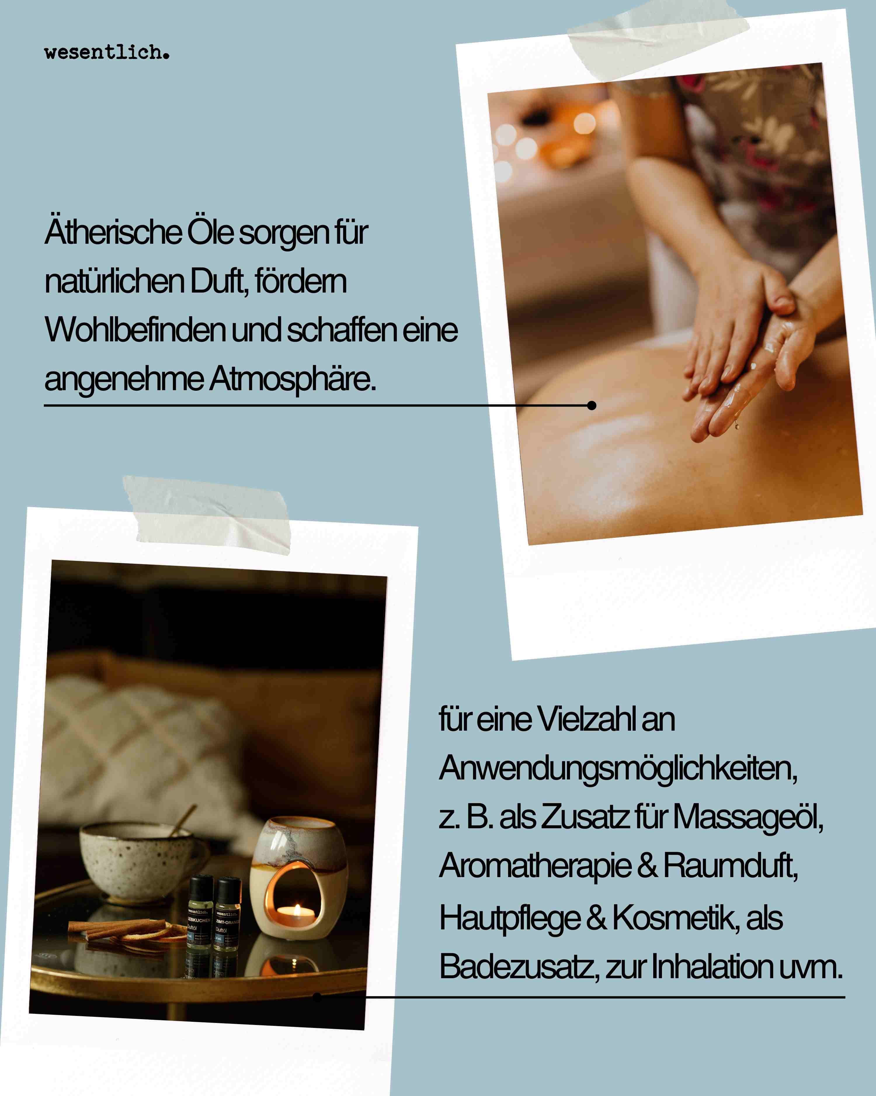 Oli essenziali per il benessere e l'atmosfera. Applicazioni: olio da massaggio, aromaterapia, cura della pelle.