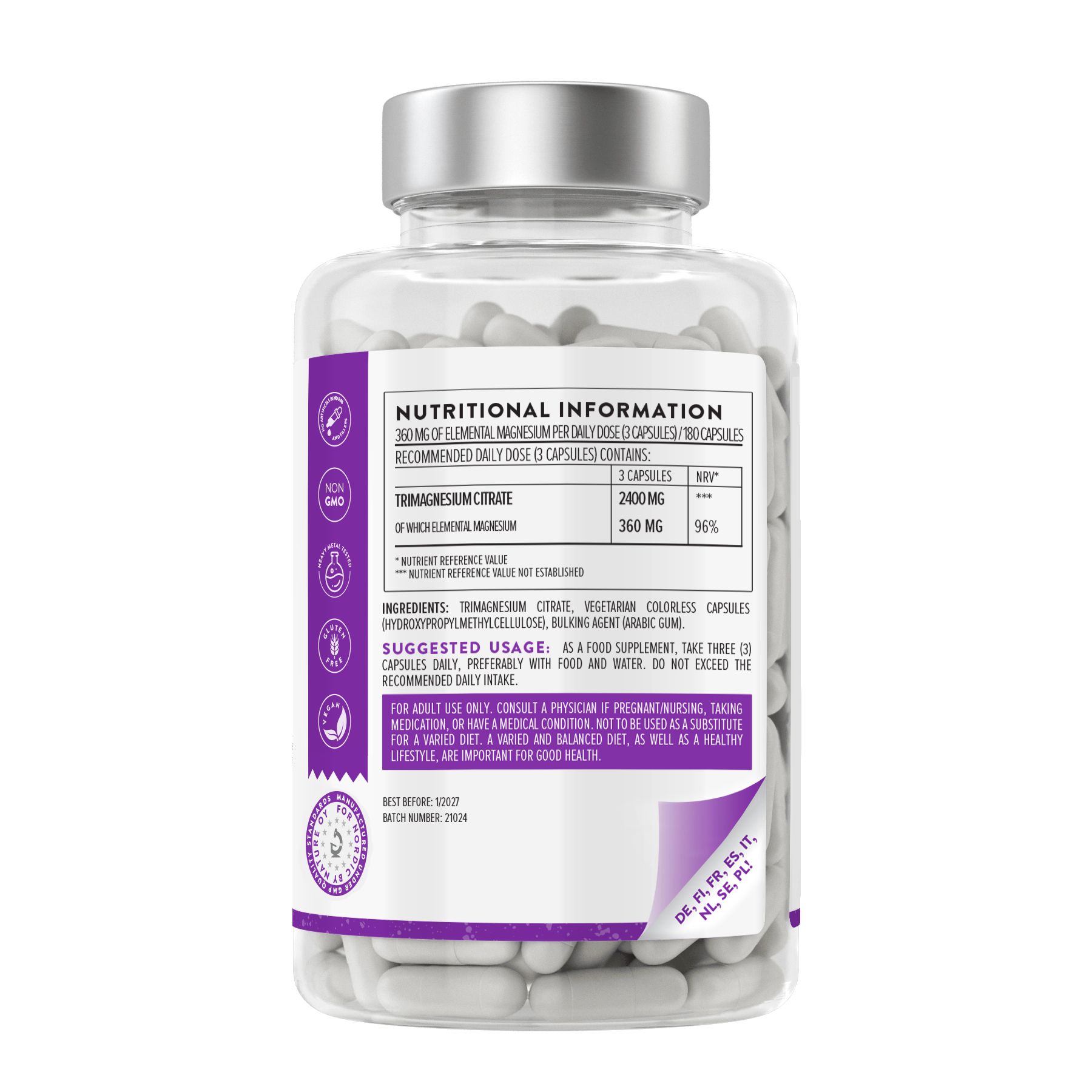 Retro di un flacone di capsule di citrato di magnesio. Informazioni nutrizionali e ingredienti visibili.