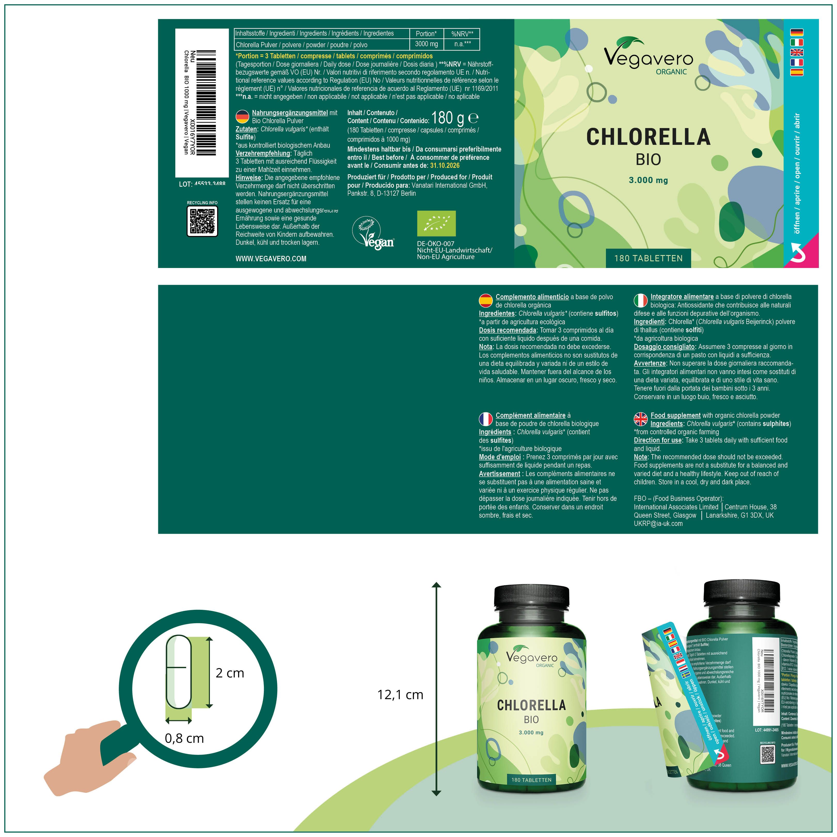 Confezione del prodotto con flacone e bustina. Flacone: Chlorella BIO, 180 compresse. Bustina: Chlorella BIO. Con dimensioni.
