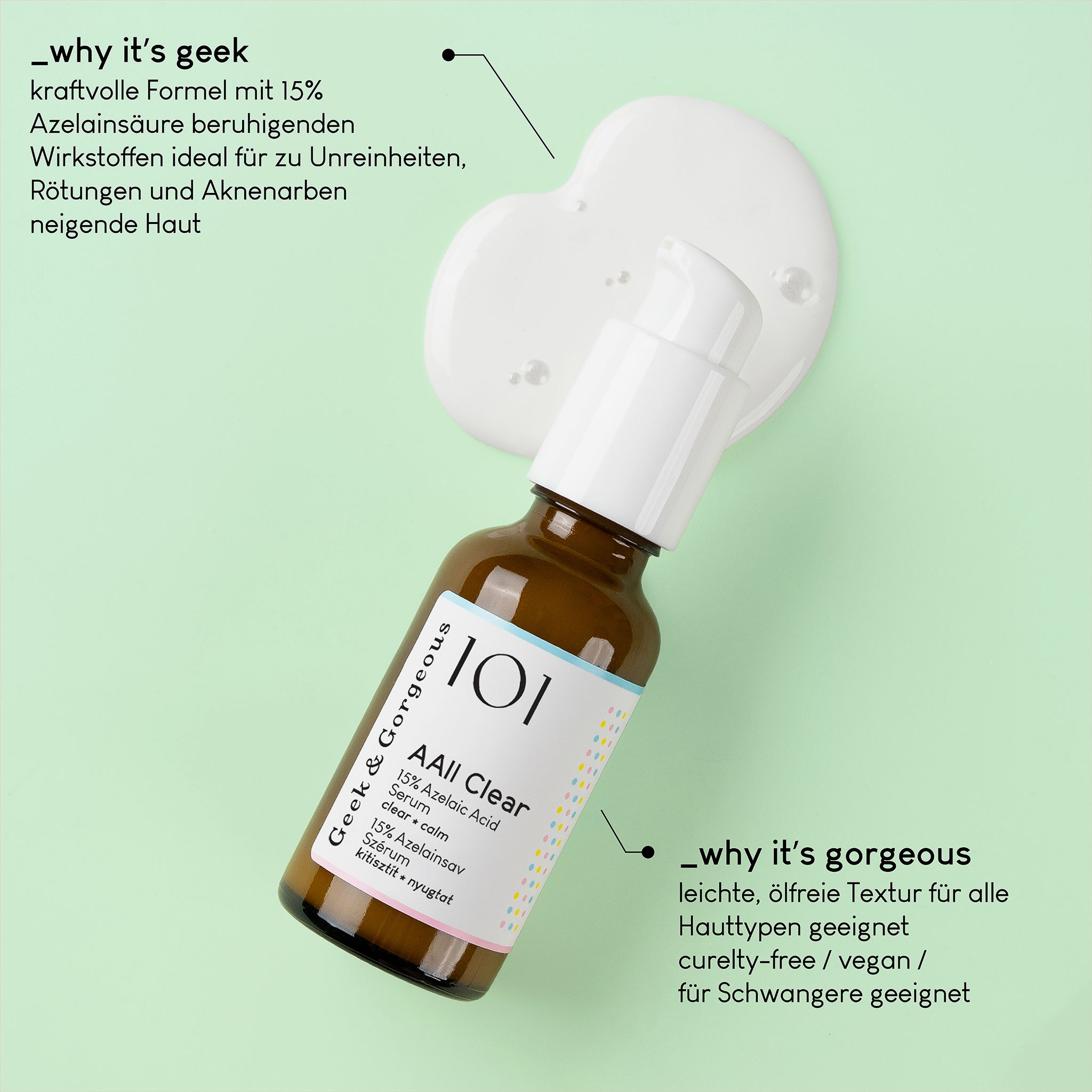 Flacone in vetro marrone con erogatore a pompa, etichetta con "101 AAll Clear 15% Azelaic Acid Serum" e testo.