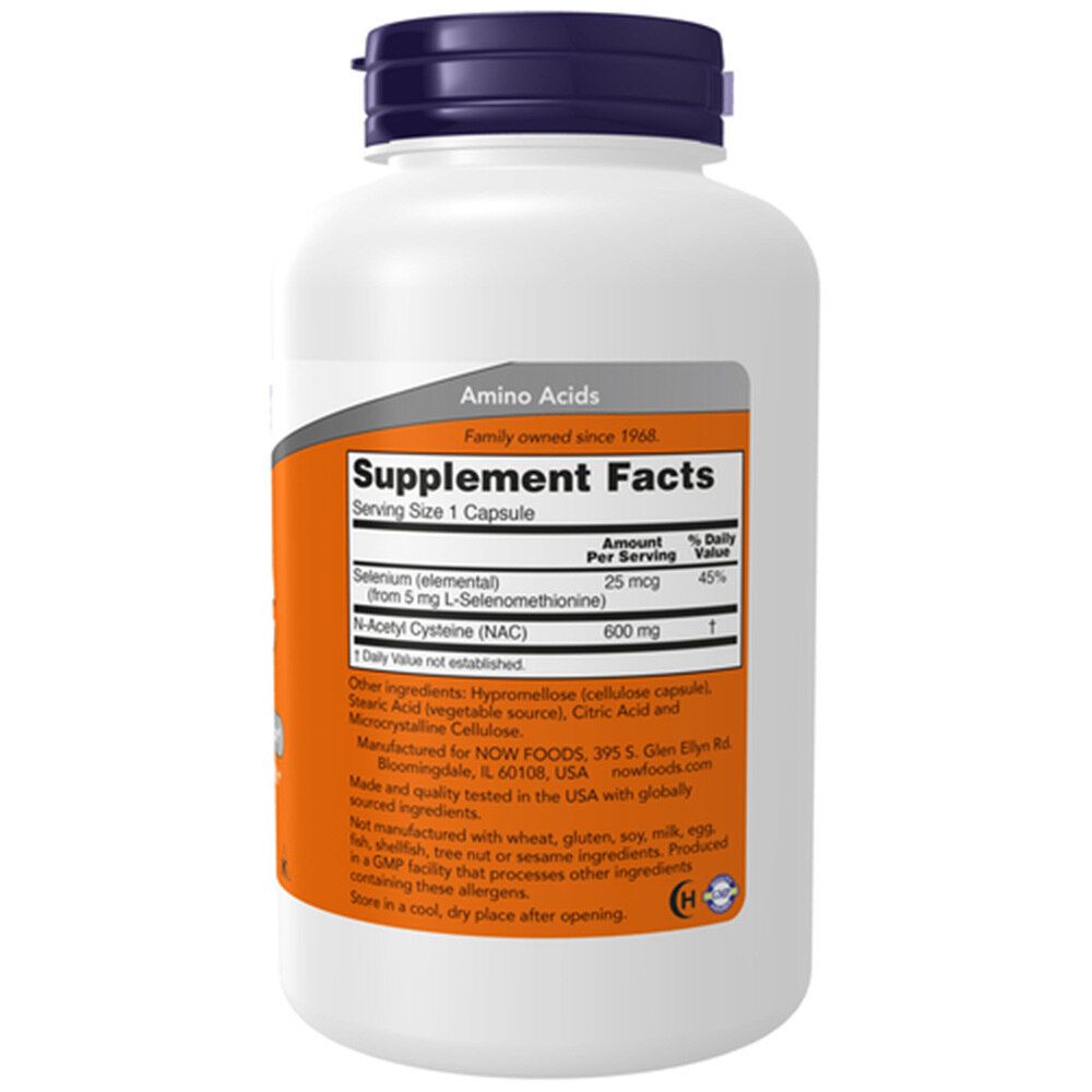 Retro flacone bianco. Scritta: NOW, Supplement Facts. Contiene N-Acetil Cisteina (NAC) 600 mg. Lista ingredienti.
