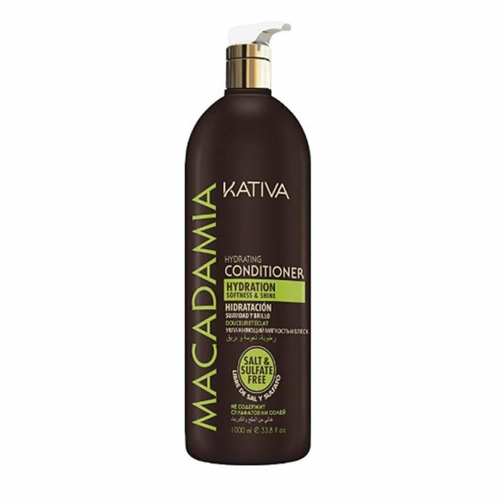 Flacone marrone Kativa Macadamia Conditioner. Erogatore bianco. Testo: Hydrating Conditioner, Salt & Sulfate Free.