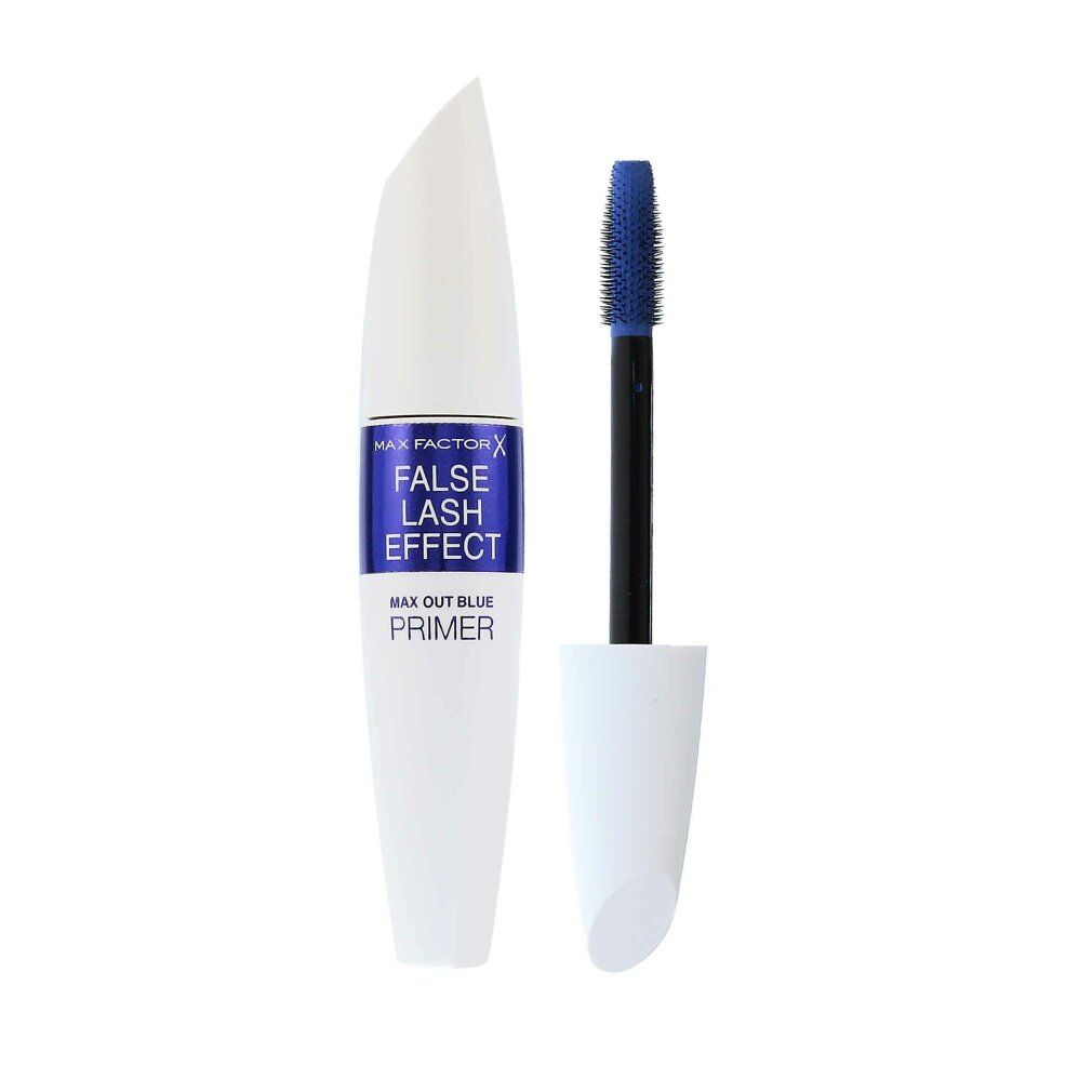 Contenitore mascara bianco con scritta blu. Spazzola blu. Nome prodotto: False Lash Effect Primer.
