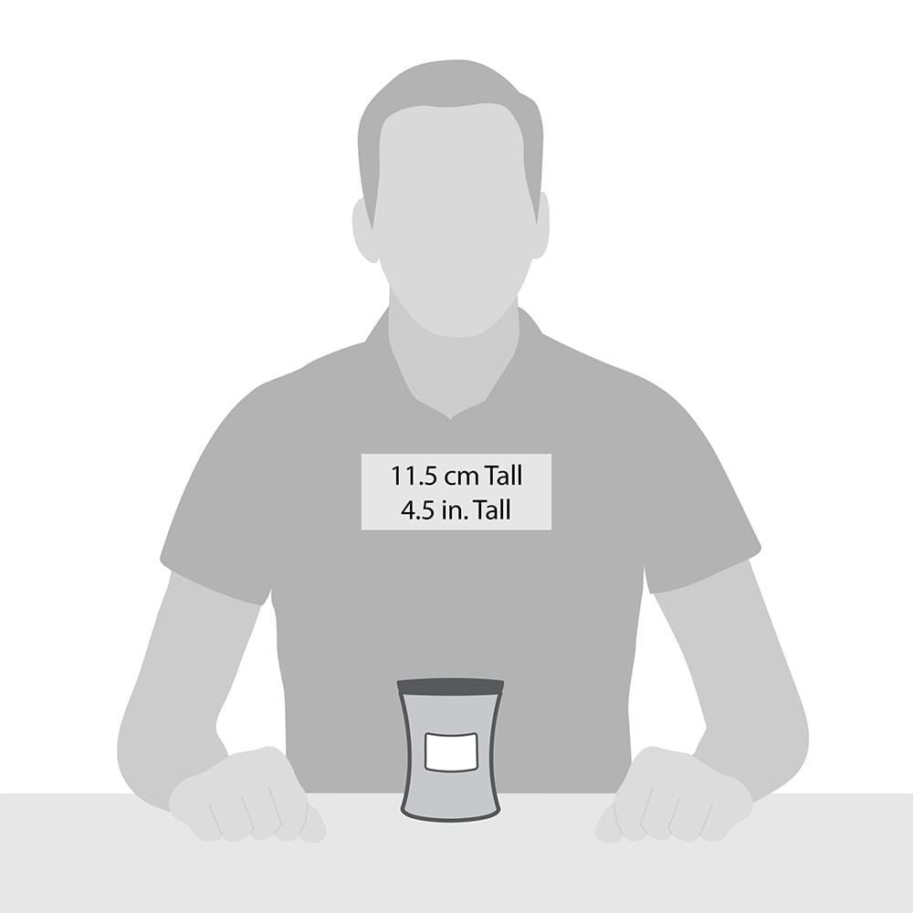 Candela a clessidra grigia, rappresentazione schematica. Altezza: 11,5 cm. Persona per confronto dimensioni. Testo: 4.5 in. Tall.
