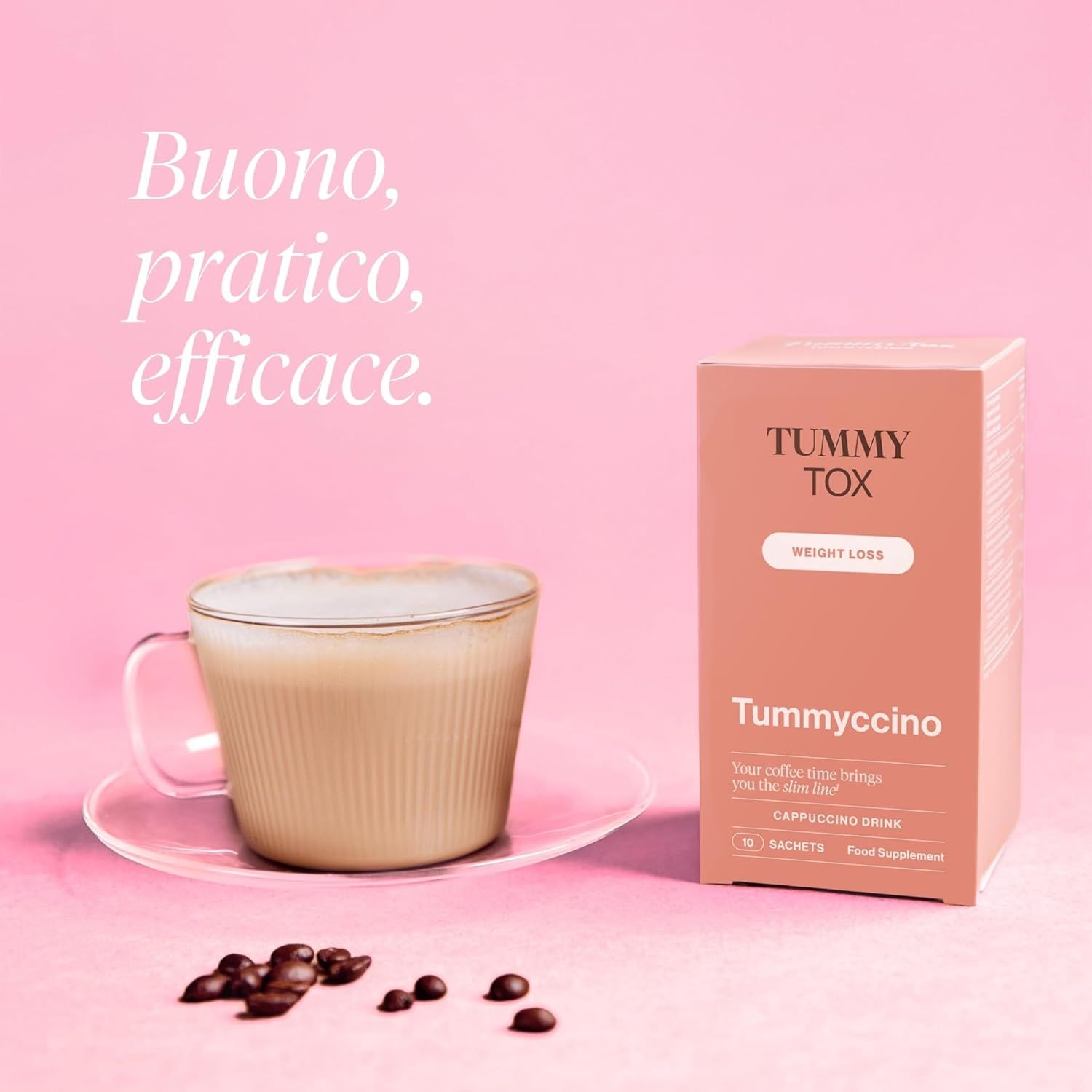 Tazza di vetro con cappuccino, accanto alla confezione del prodotto. Testo: Tummyccino, Cappuccino Drink, 10 bustine.