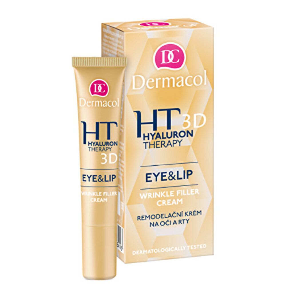 Tubo di crema e scatola. Scritta: Dermacol, HT Hyaluron Therapy 3D Eye & Lip Wrinkle Filler Cream.