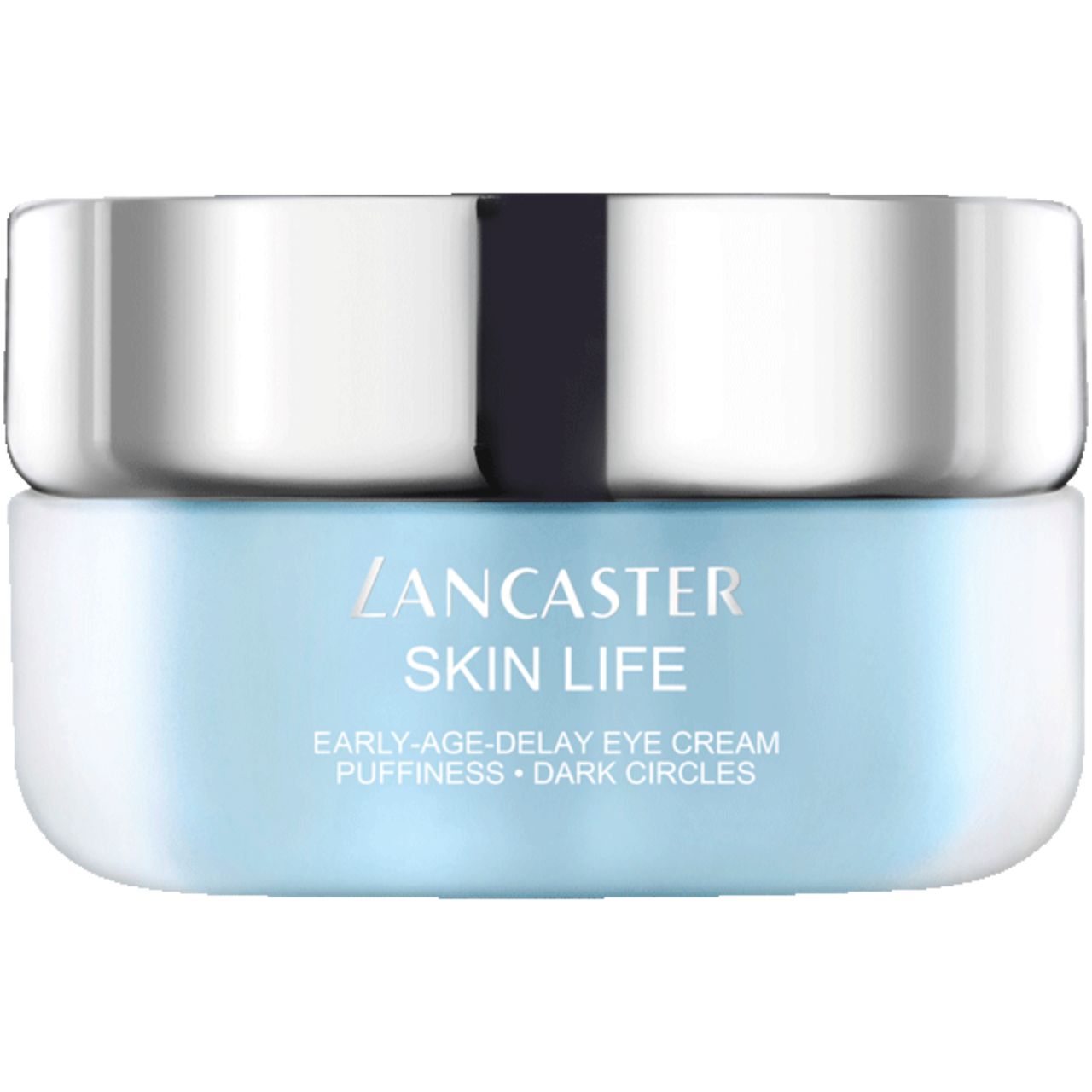 Contenitore di crema per gli occhi con coperchio argentato. Scritta: Lancaster Skin Life Early-Age-Delay Eye Cream.
