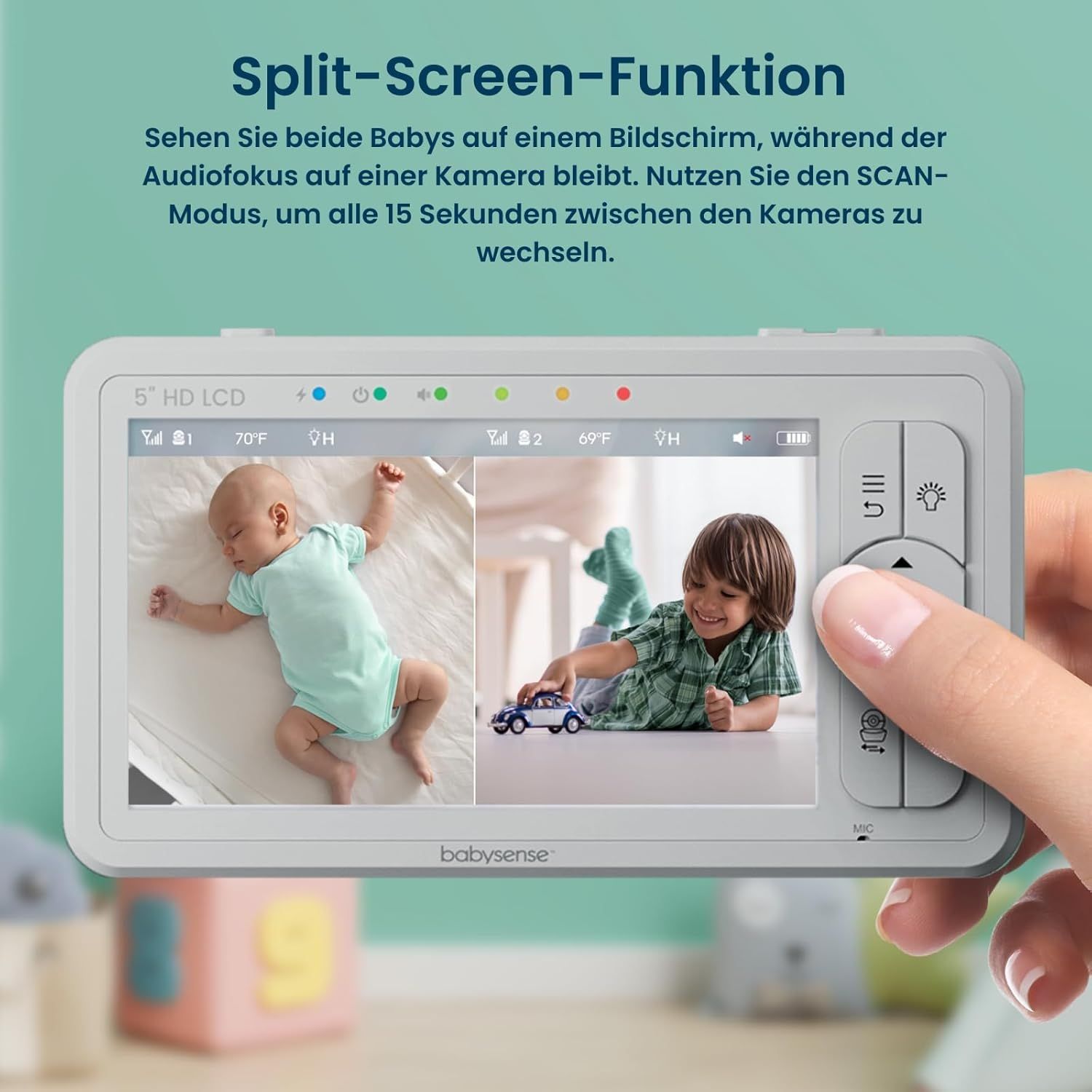 Baby monitor HD da 5 pollici con 2 telecamere Babysense