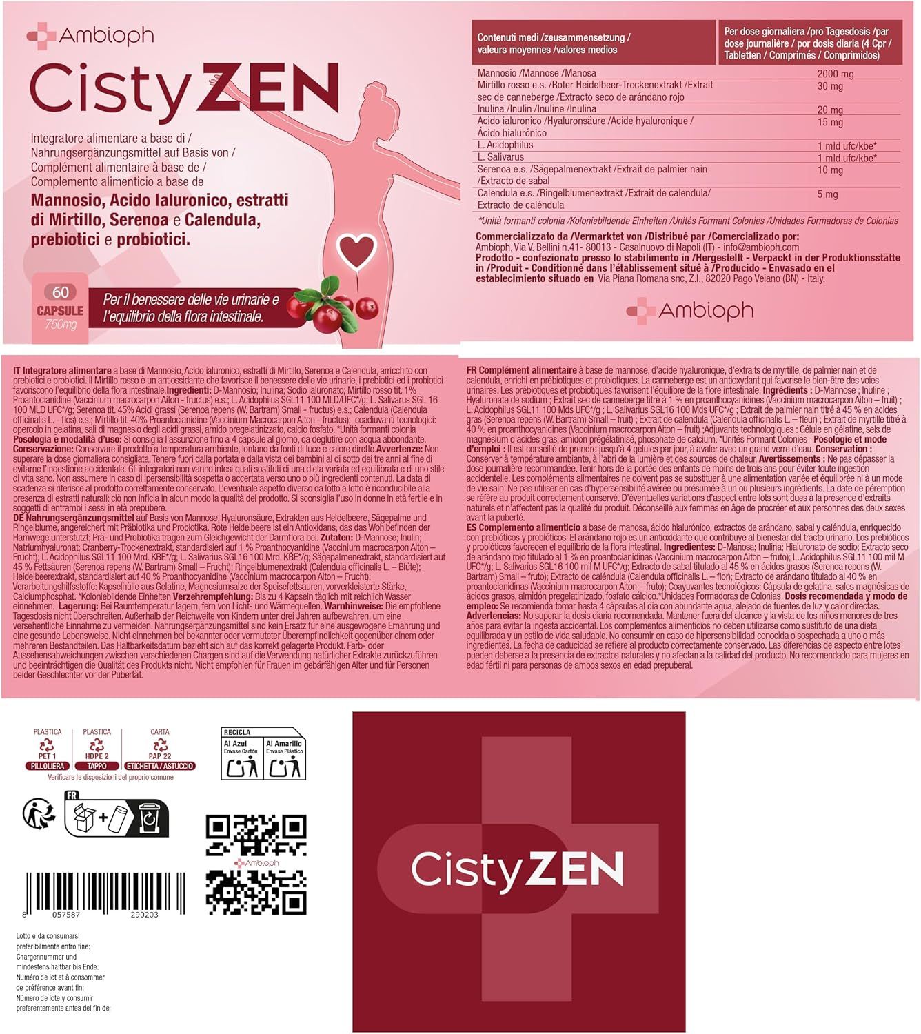 Cistyzen, D‑mannosio e Mirtillo Rosso – Integratore Naturale per CISTITE, Infezioni Urinarie
