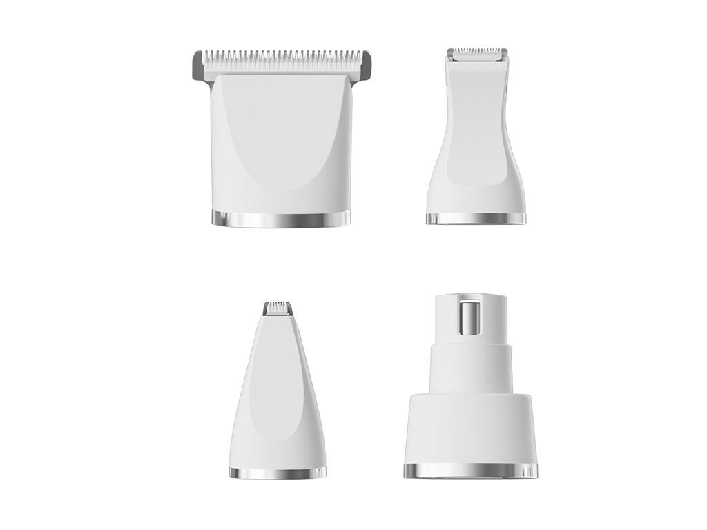 Quattro accessori bianchi per trimmer. Forme diverse, bordi argentati. Su sfondo bianco.