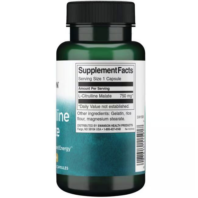 Retro del flacone verde. Scritta: Supplement Facts, L-Citrullina Malato 750 mg. Altri ingredienti.