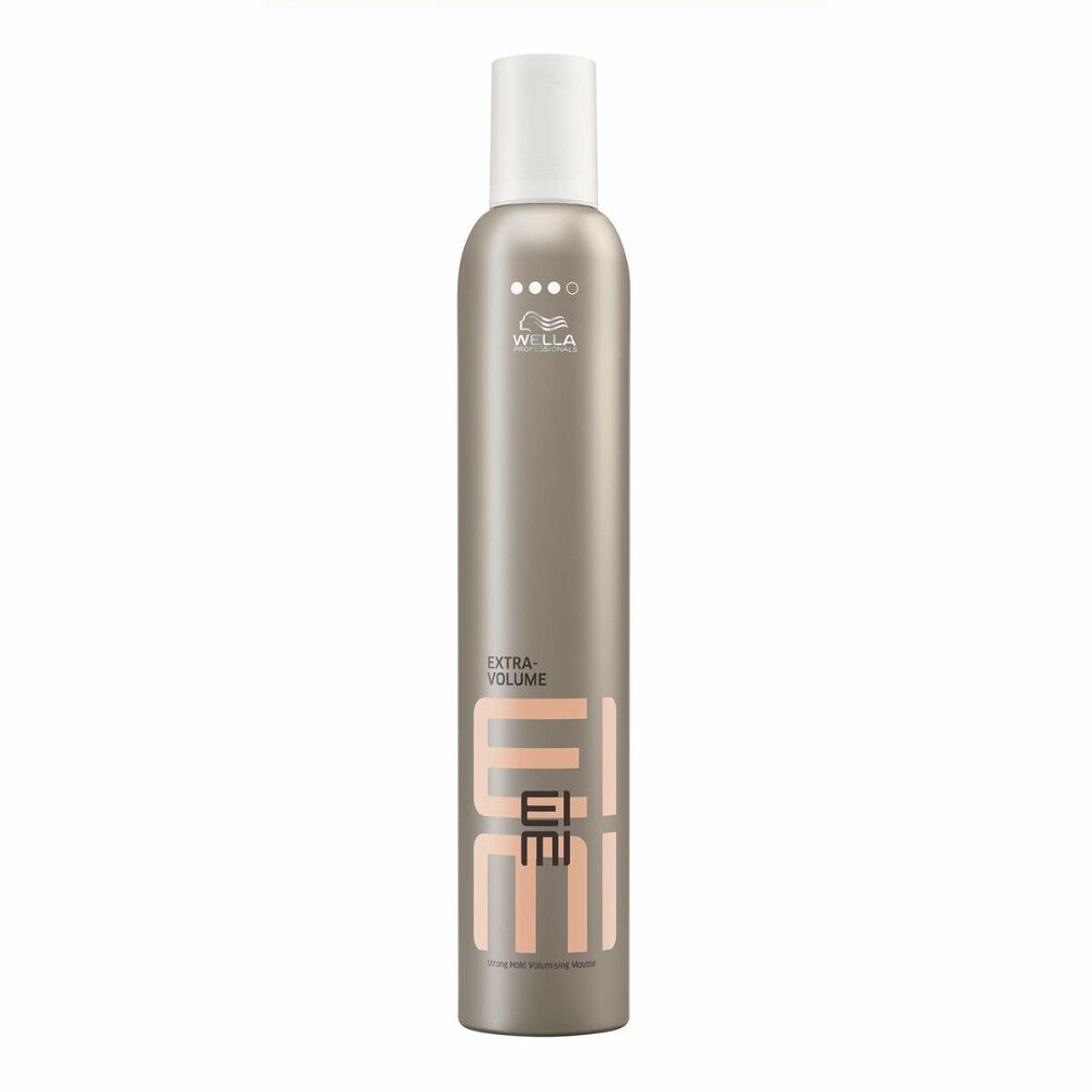 Flacone spray argentato con tappo bianco. Scritta: EIMI, EXTRA VOLUME. Marchio: Wella.