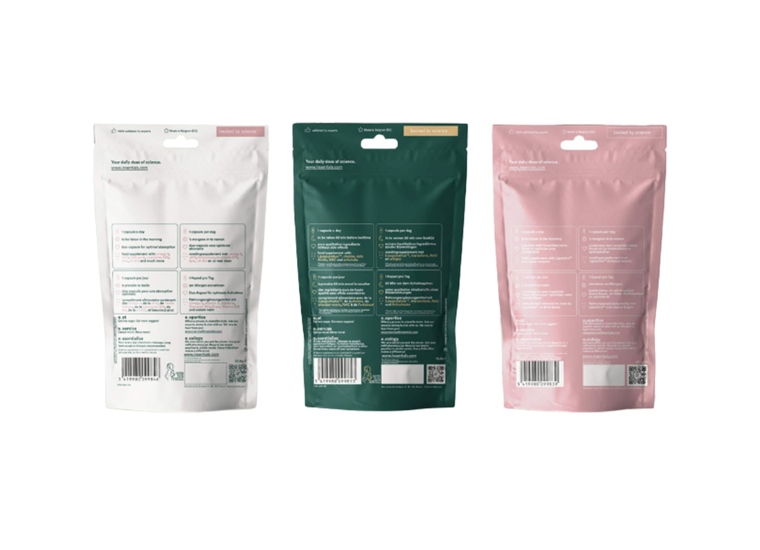 Tre buste con informazioni sul prodotto sul retro. Bianco, verde e rosa. Dispositivo di sospensione.