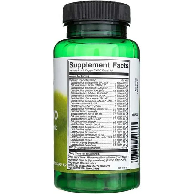 Retro del flacone verde. Etichetta con informazioni nutrizionali e ingredienti. Contiene 25 ceppi probiotici.